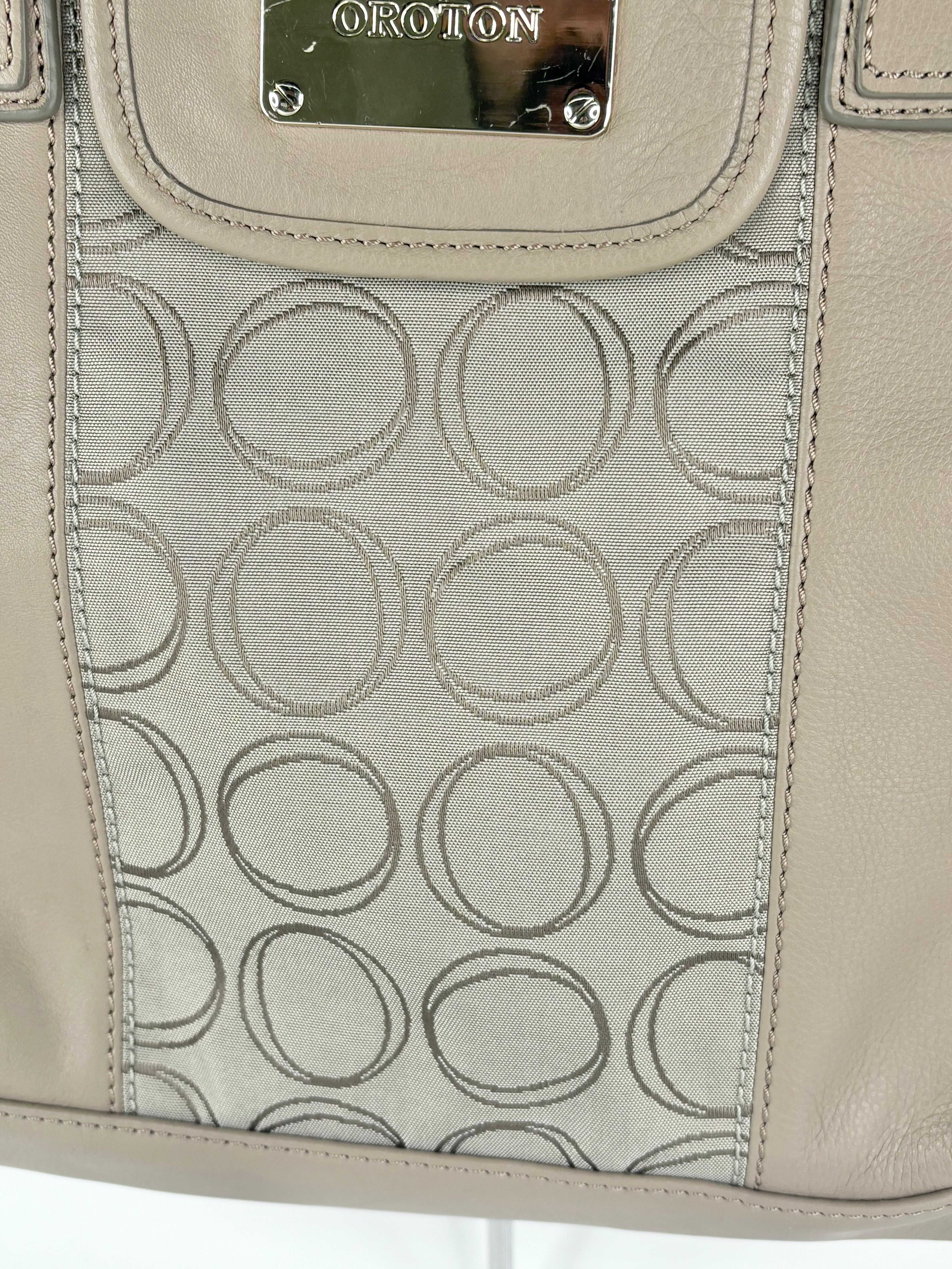 Oroton Beige Leather & Monogrammed Panel Handbag