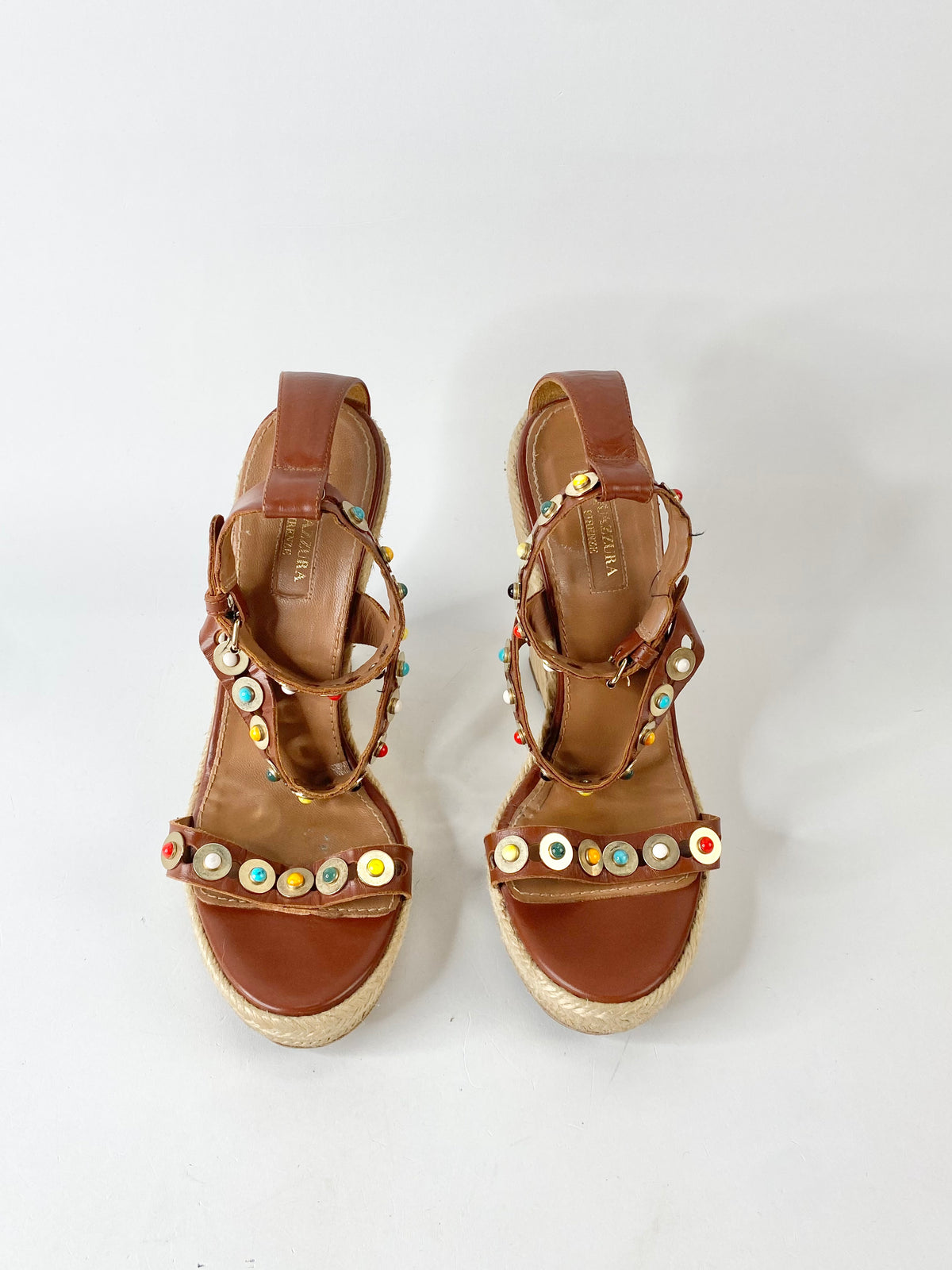 Aquazzura Tan Semi-Precious Stone Studded Wedges - EU38