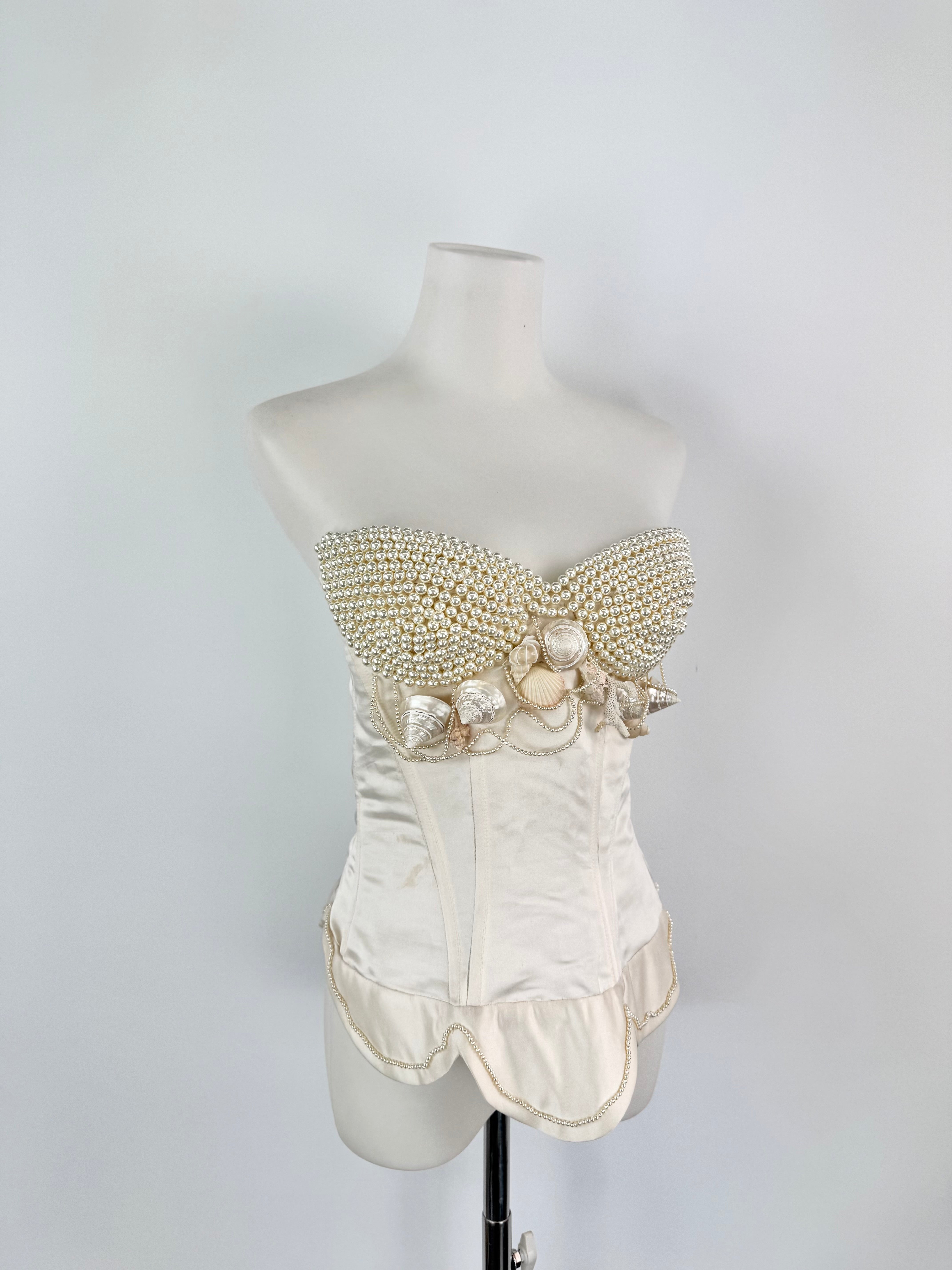 Cream Satin Hand Embellished Pearl & Shell Corset - AU8/10
