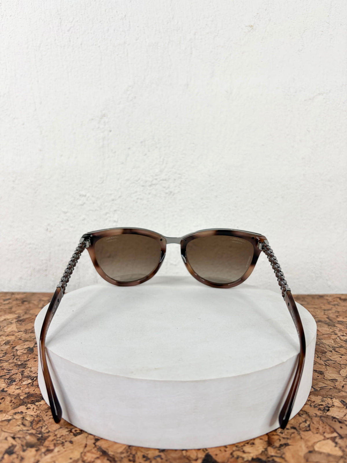 Chanel Brown Chain & Leather Link Cat Eye Sunglasses