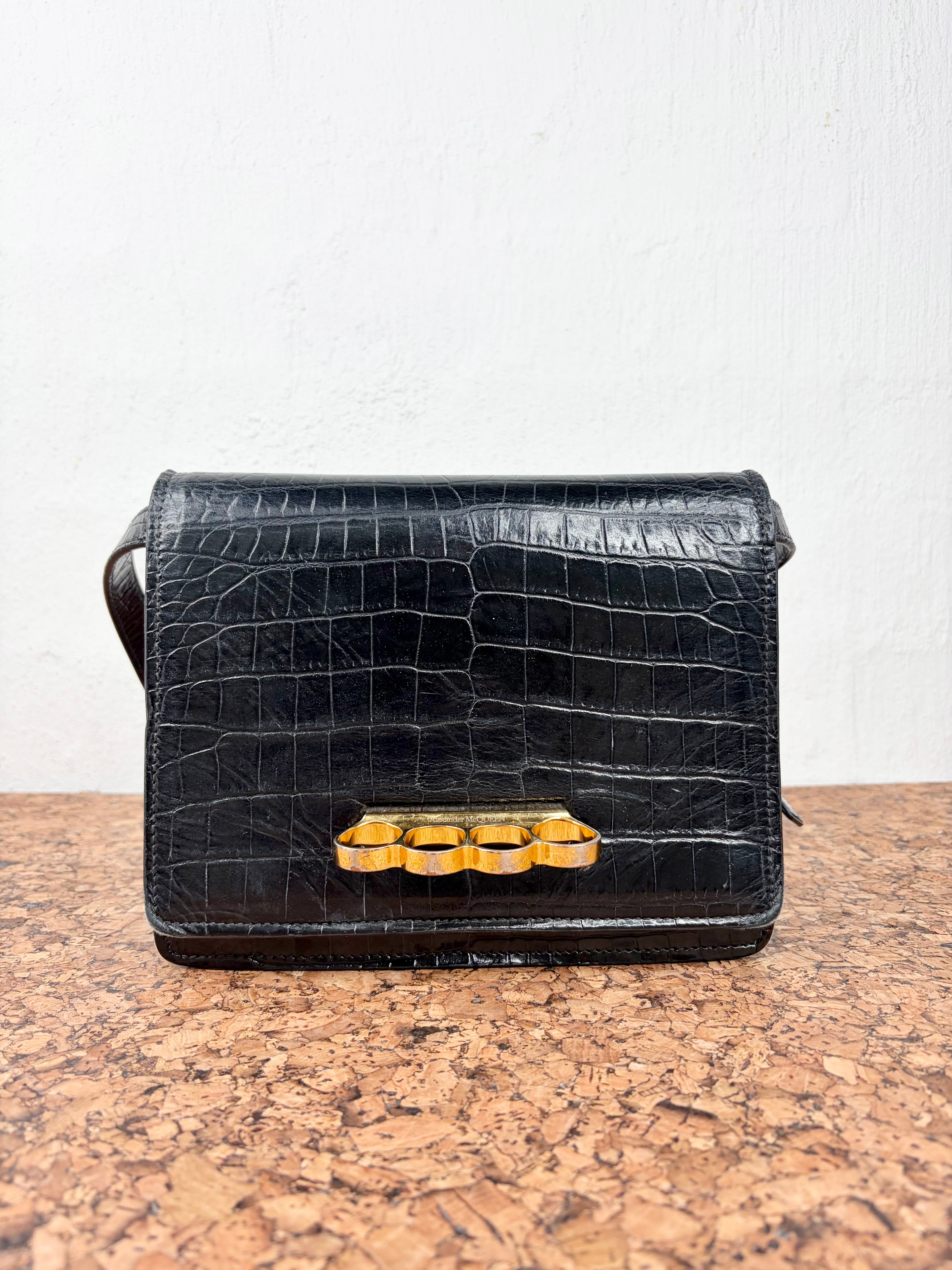 Alexander McQueen Black Croc Embossed 4 Ring Satchel