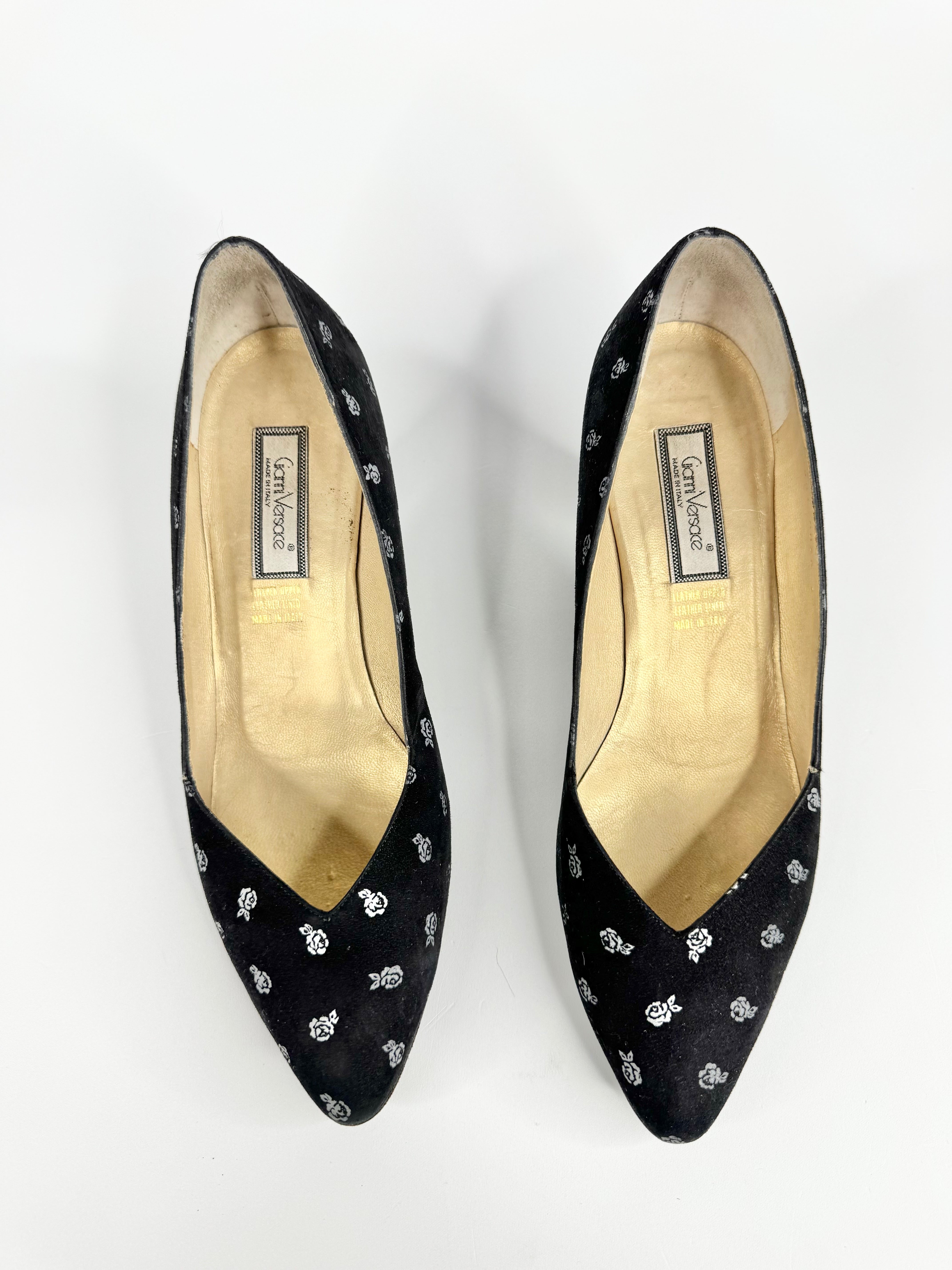 Vintage 80s Gianni Versace Black & Silver Rose Patterned French Heel Pumps - EU39.5
