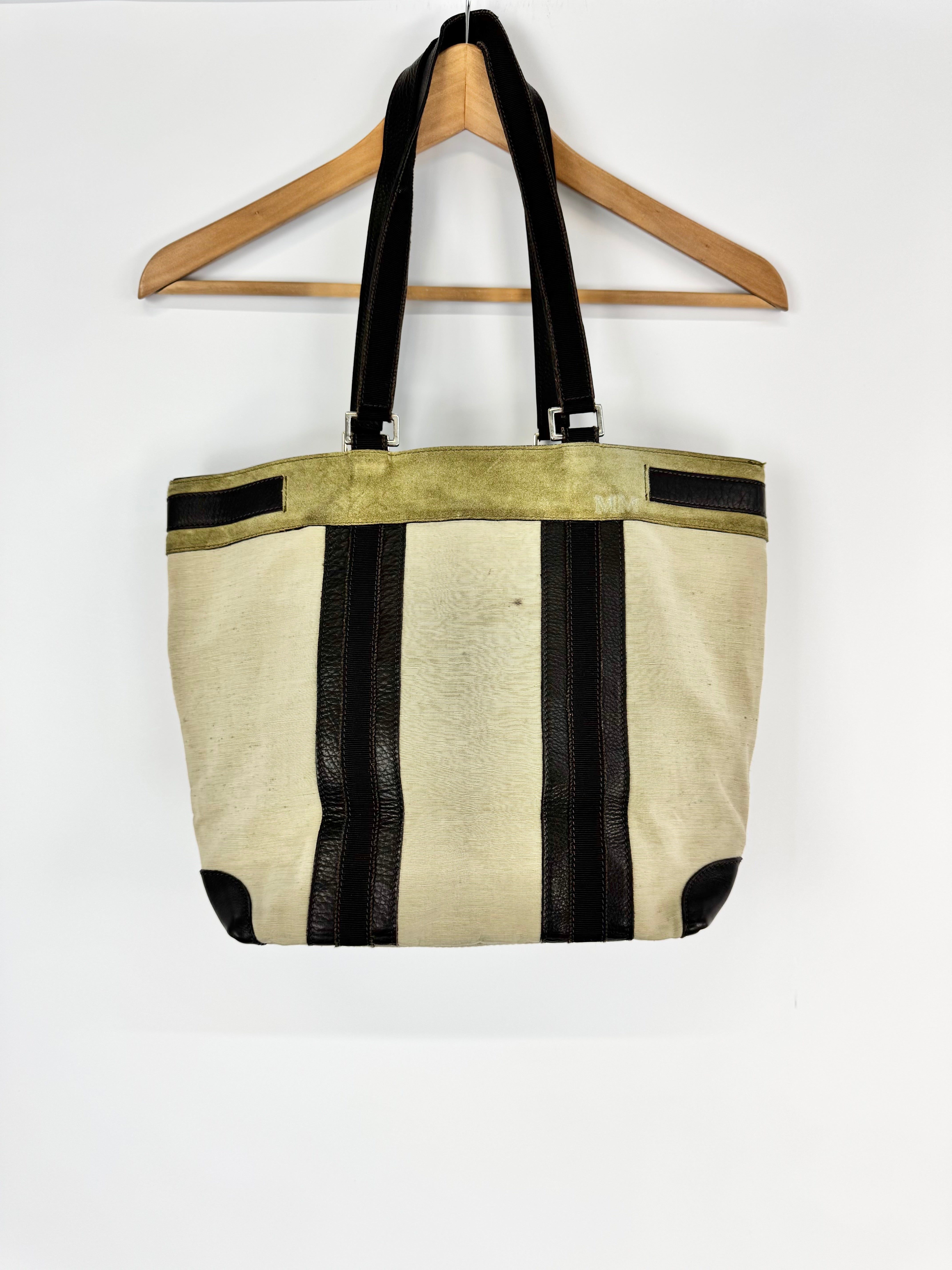 Vintage Max Mara Khaki Leather & Fabric Tote