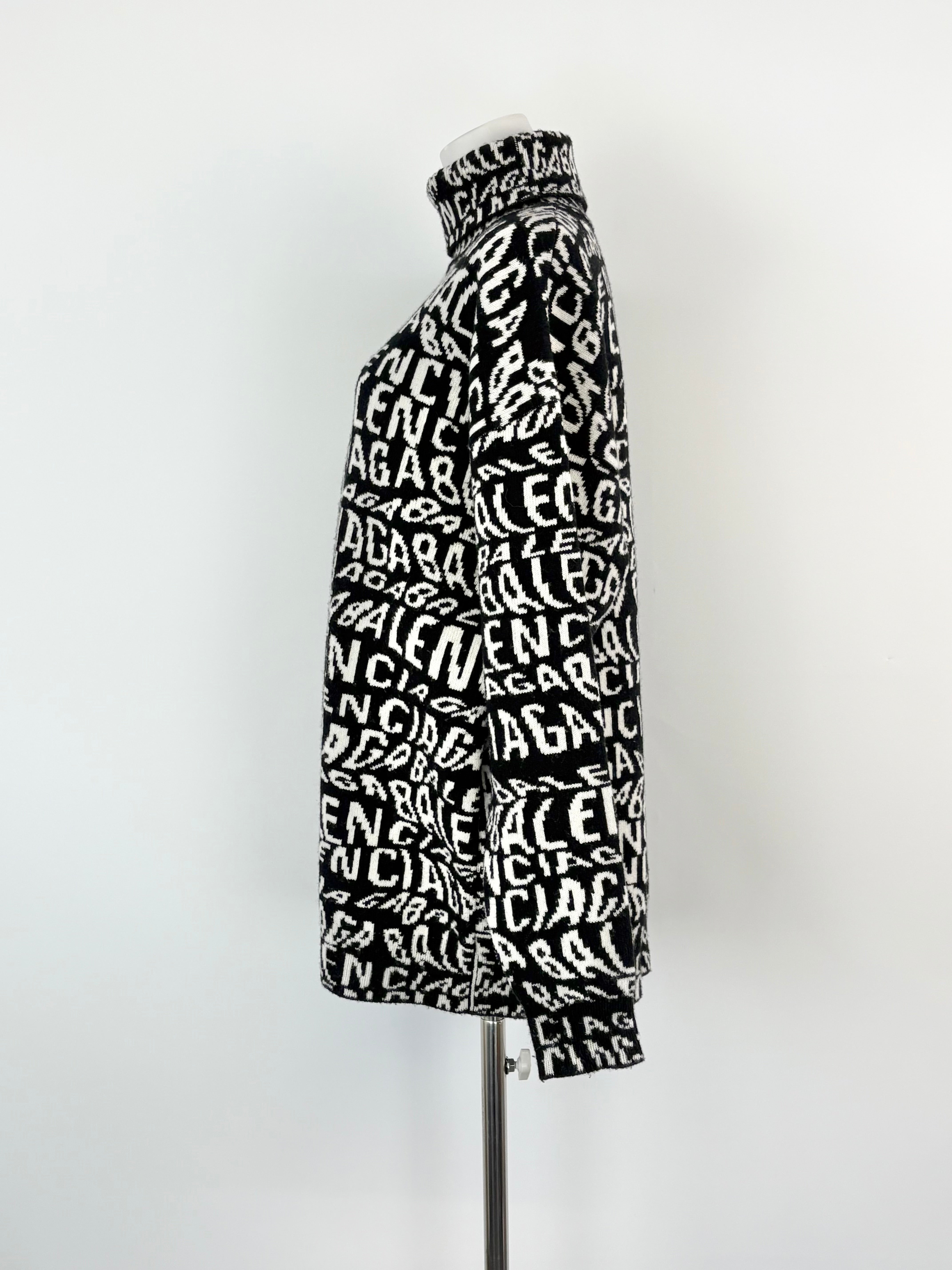Balenciaga Black & White All-Over Print Logo Knit Turtleneck Sweater - AU8/10