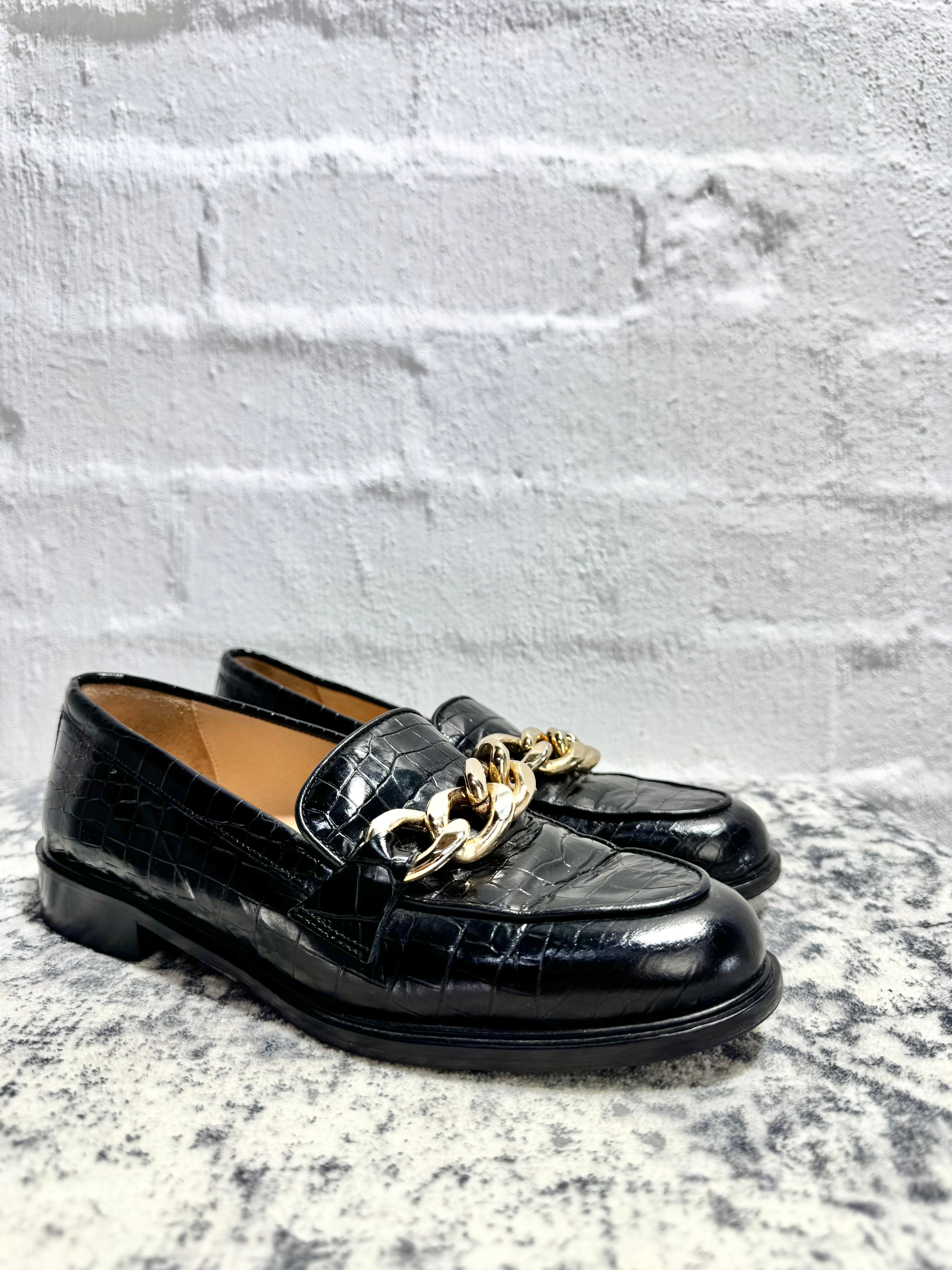Husk Black Croc Embossed Gold Chain Loafers - EU37