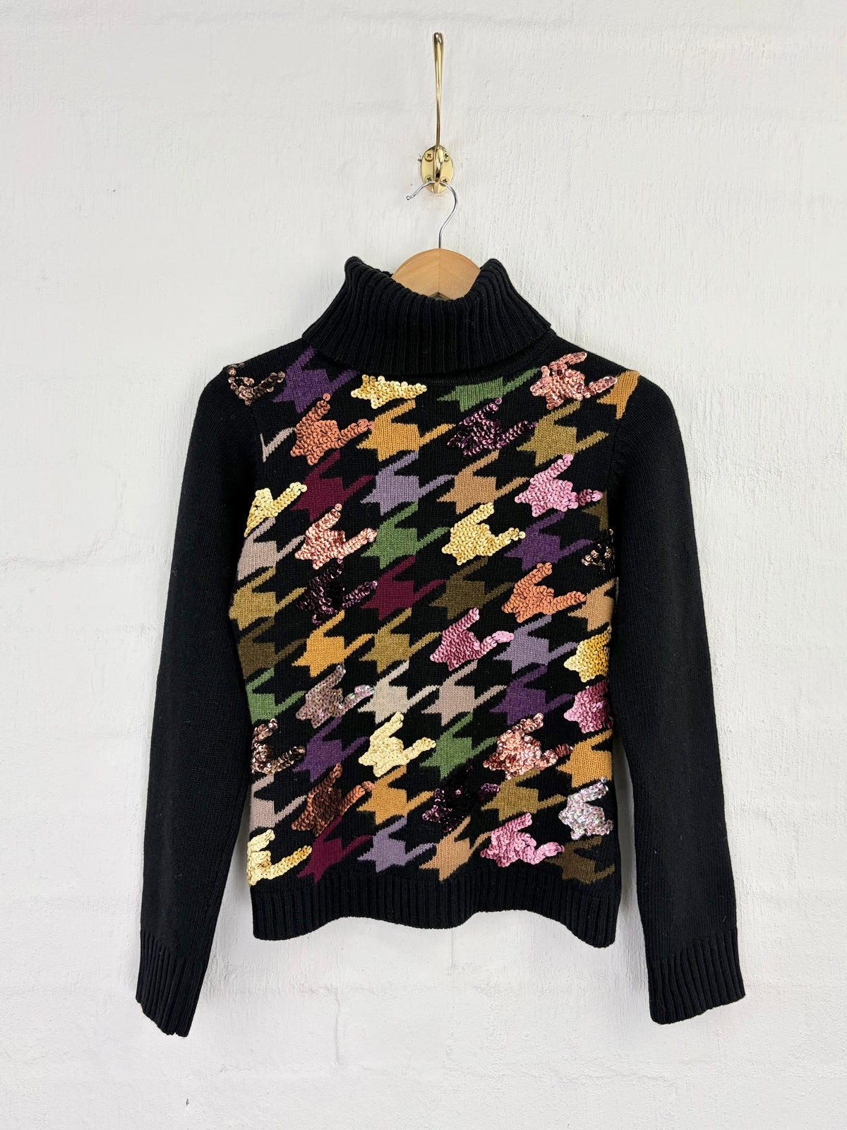 Kenzo Jeans Black Sequin Houndstooth Pattern Roll Neck Sweater - AU10/12