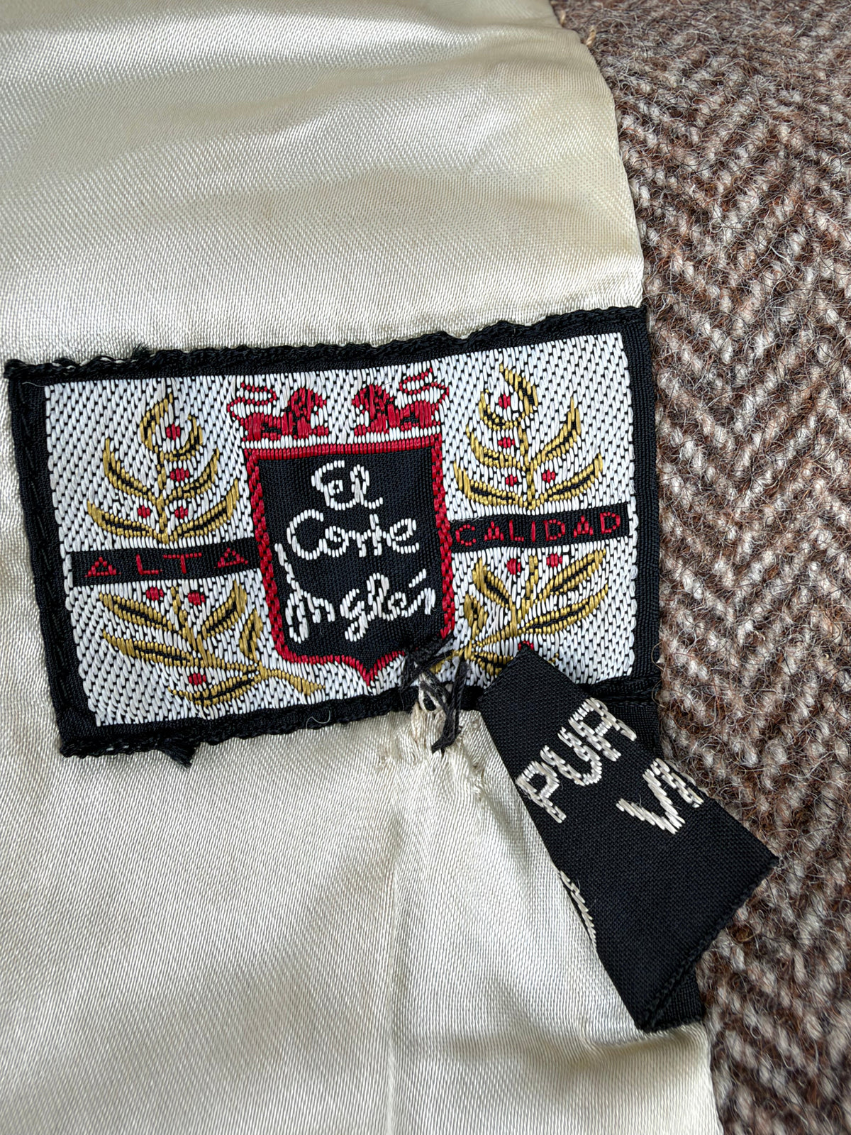 Vintage El Corte Inglés Tawny Herringbone Patterned Double Breasted Wool Coat - AU10/12