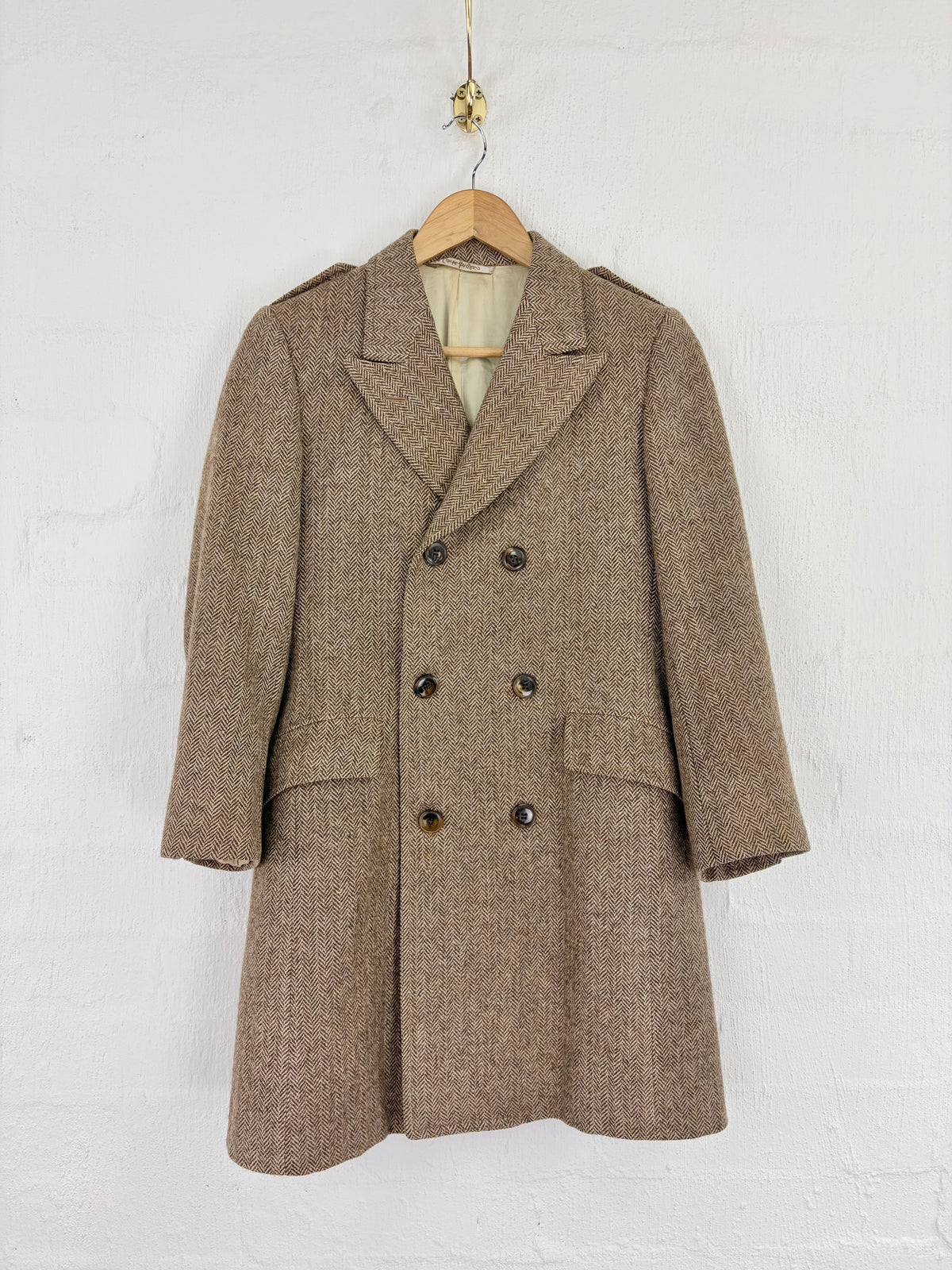 Vintage El Corte Inglés Tawny Herringbone Patterned Double Breasted Wool Coat - AU10/12