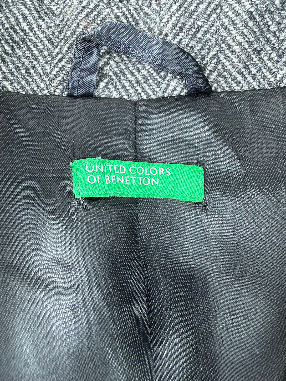United Colours of Benetton Grey Herringbone Pattern Wool Blend Belted Coat - AU10
