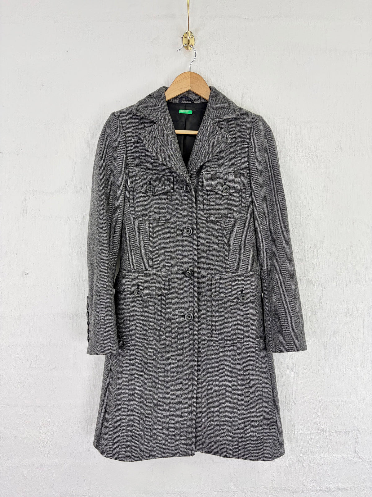 United Colours of Benetton Grey Herringbone Pattern Wool Blend Belted Coat - AU10