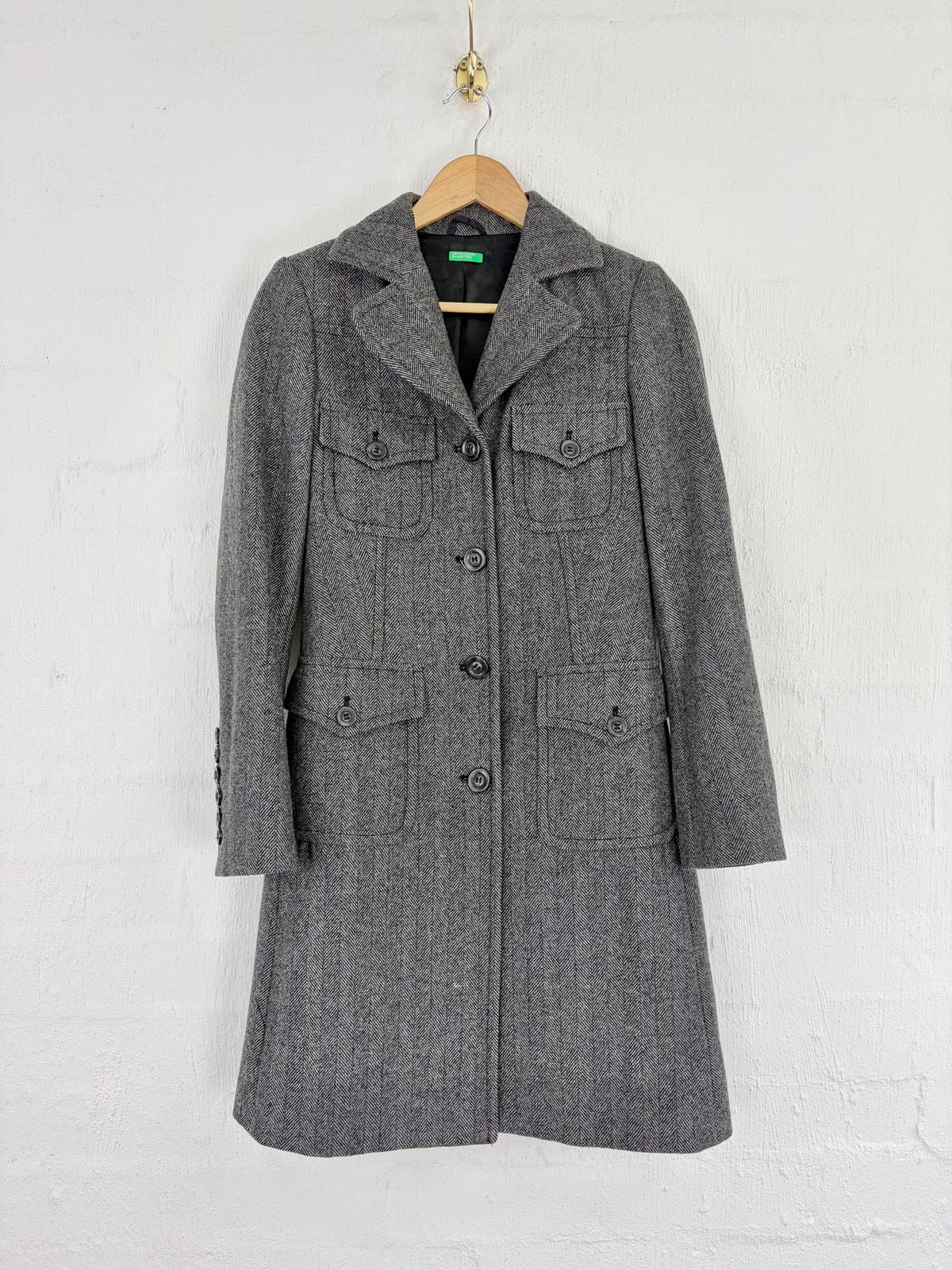 United Colours of Benetton Grey Herringbone Pattern Wool Blend Belted Coat - AU10