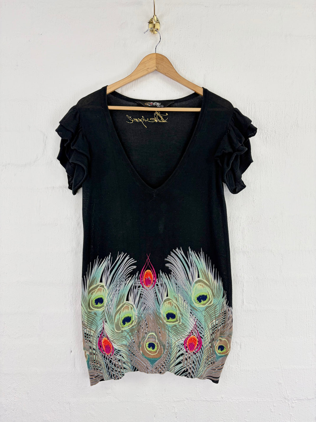 Desigual Black Embroidered Peacock Feather Patterned Dress - AU16/18