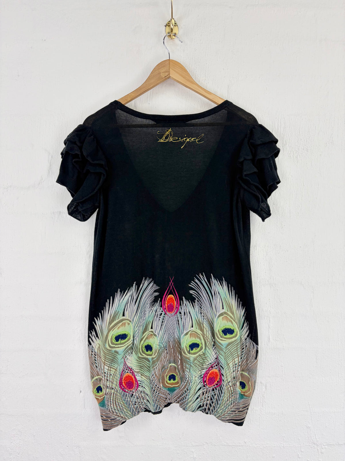 Desigual Black Embroidered Peacock Feather Patterned Dress - AU16/18