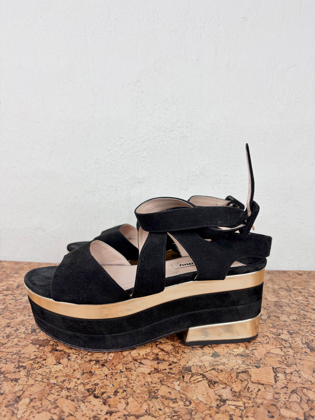 Miu Miu Black Suede & Gold Trim Platform - EU35