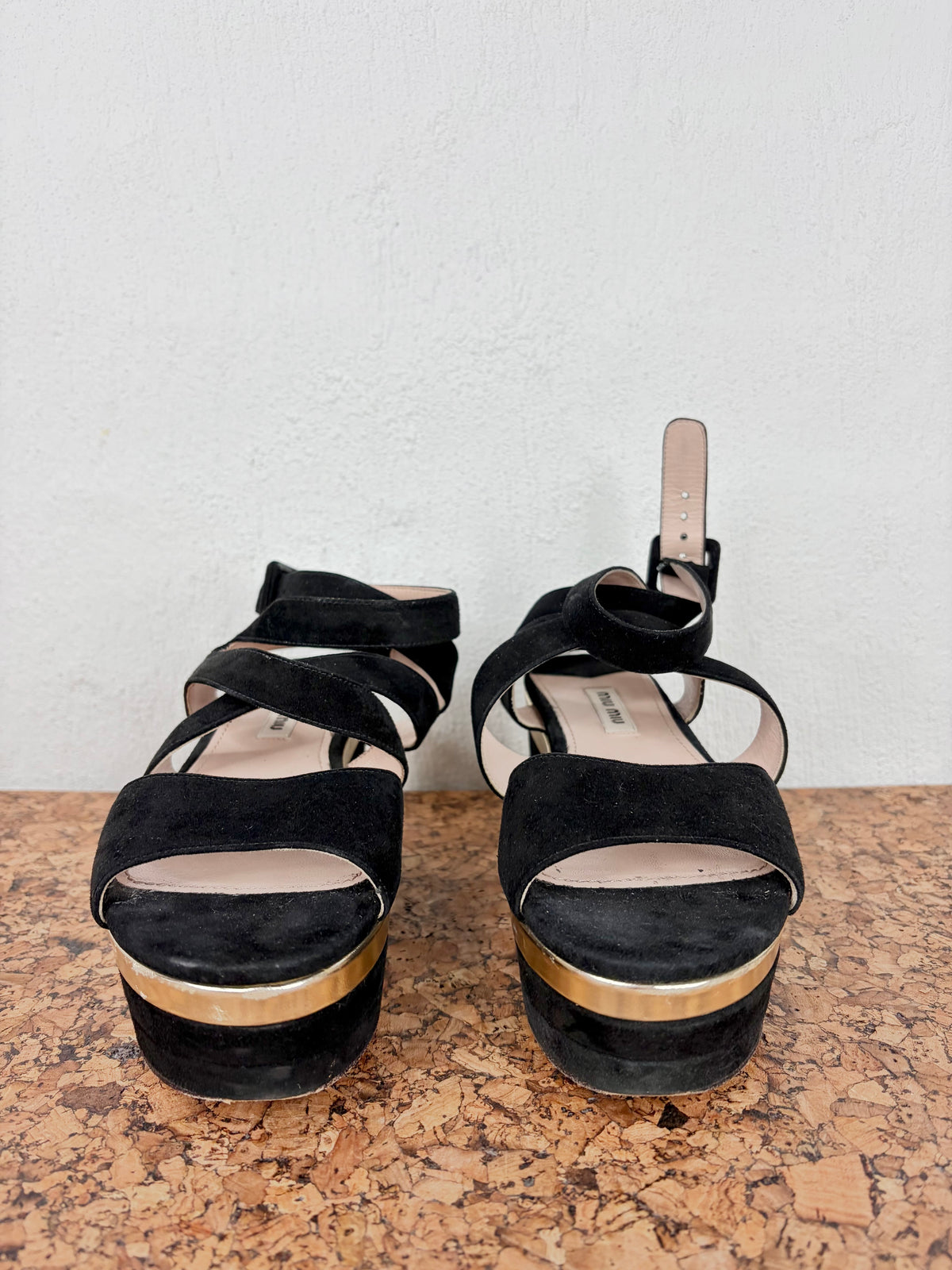 Miu Miu Black Suede & Gold Trim Platform - EU35