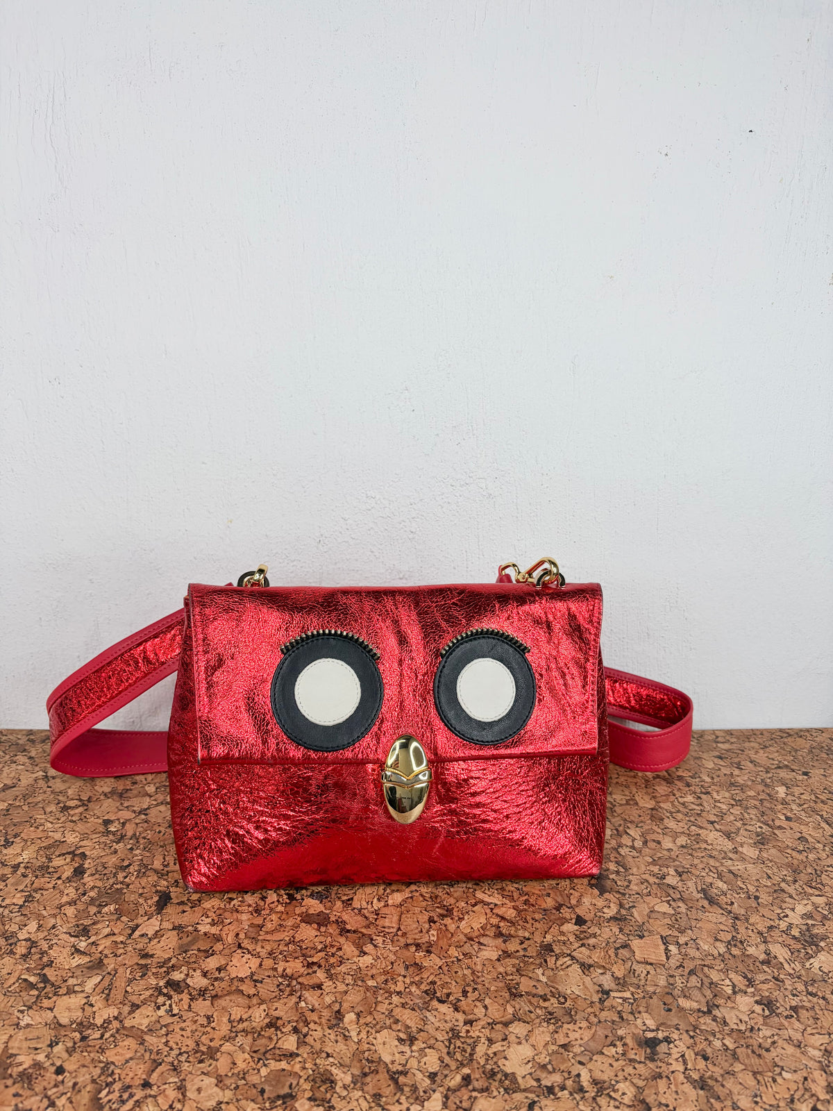A-esque Red Rumpleteazer Metallic Leather Bird Cross Body Bag