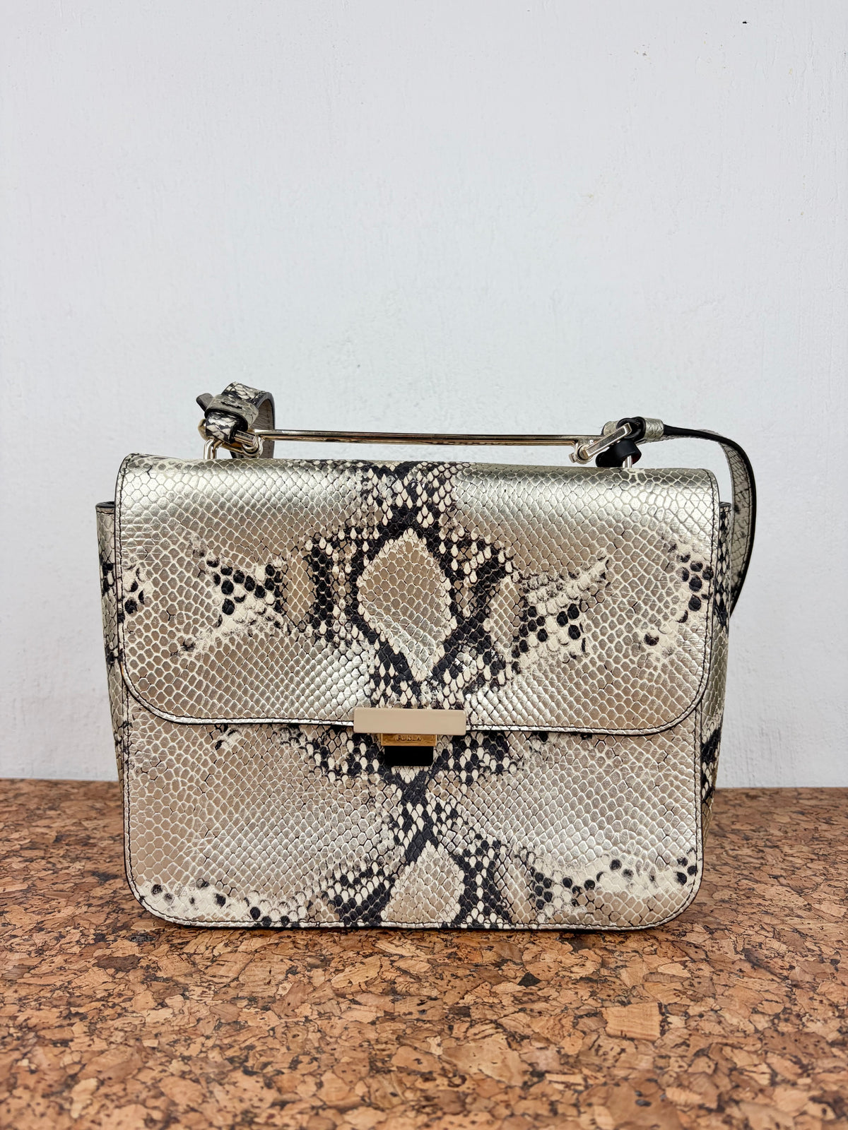 Furla Champagne Gold Metallic Snakeskin Pattern Cross Body Bag