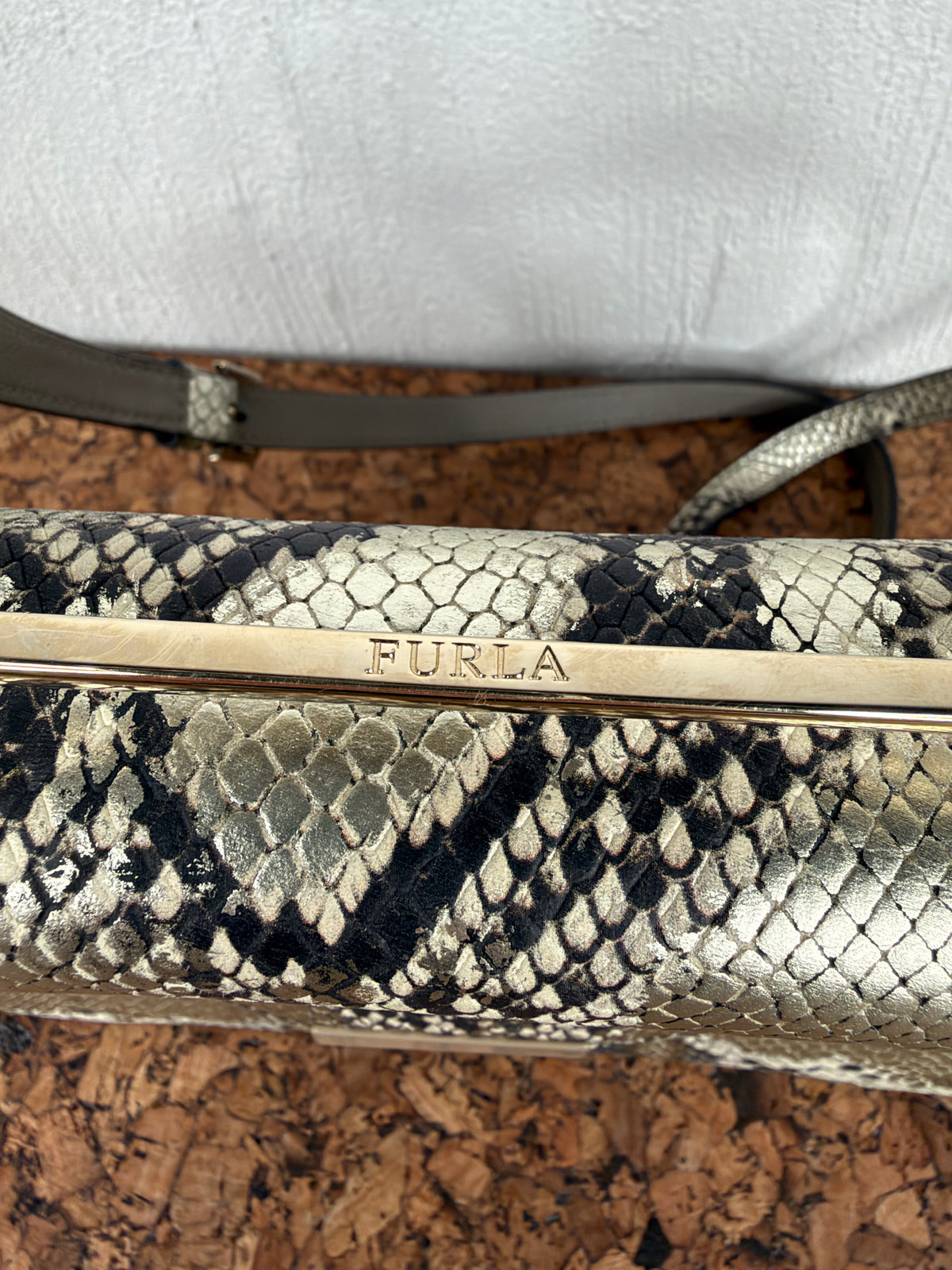 Furla Champagne Gold Metallic Snakeskin Pattern Cross Body Bag