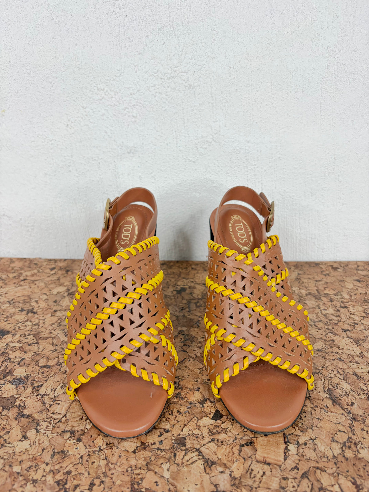 Tod's Tan Lazer Cut Whipstitch Embellished Peep Toe Heels - EU37