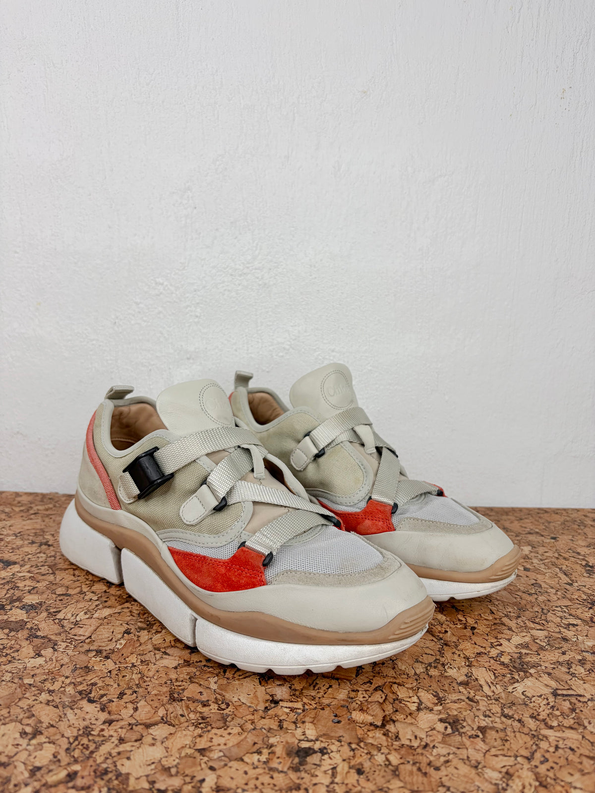 Chloé 'Sonnie' Light Eucalyptus Beige & Burnt Orange Suede & Mesh Sneakers - EU40