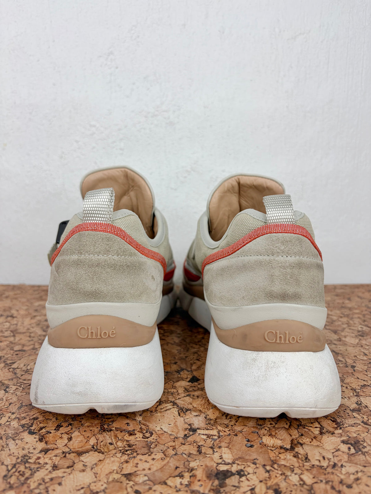 Chloé 'Sonnie' Light Eucalyptus Beige & Burnt Orange Suede & Mesh Sneakers - EU40
