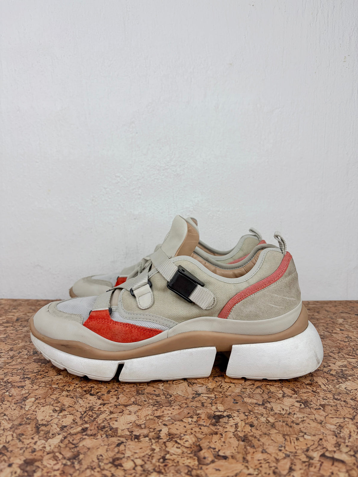 Chloé 'Sonnie' Light Eucalyptus Beige & Burnt Orange Suede & Mesh Sneakers - EU40