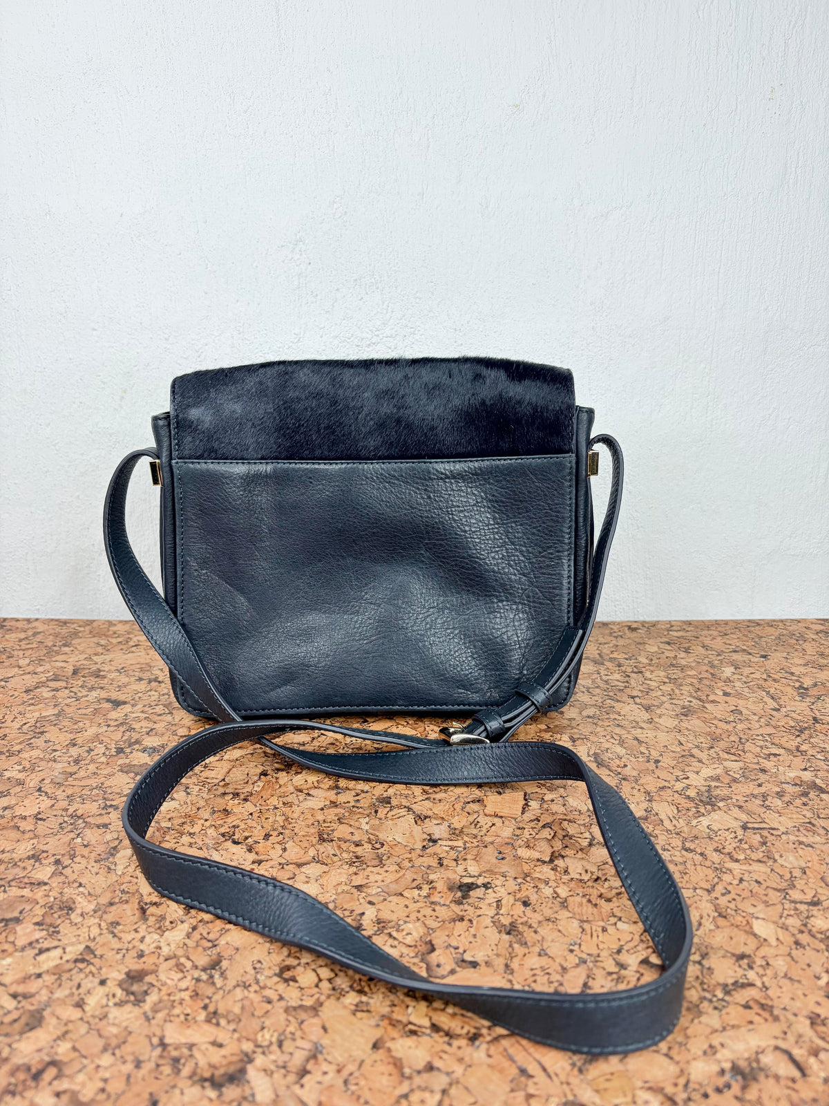 Saba Dark Navy Leather & Fur Cross Body Bag