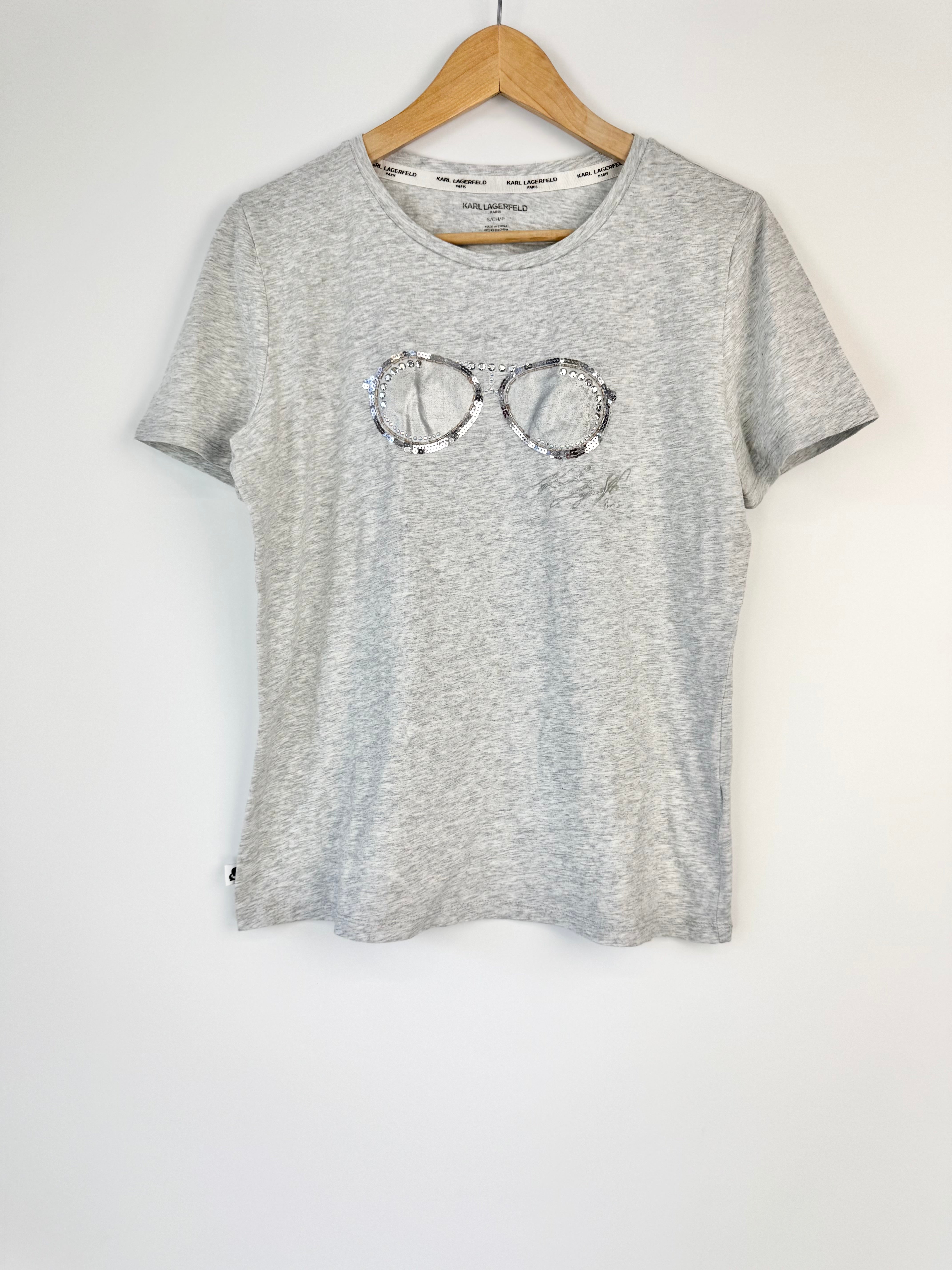 Karl Lagerfeld Grey Sunglasses Embellished Stretchy T-Shirt - AU8/10