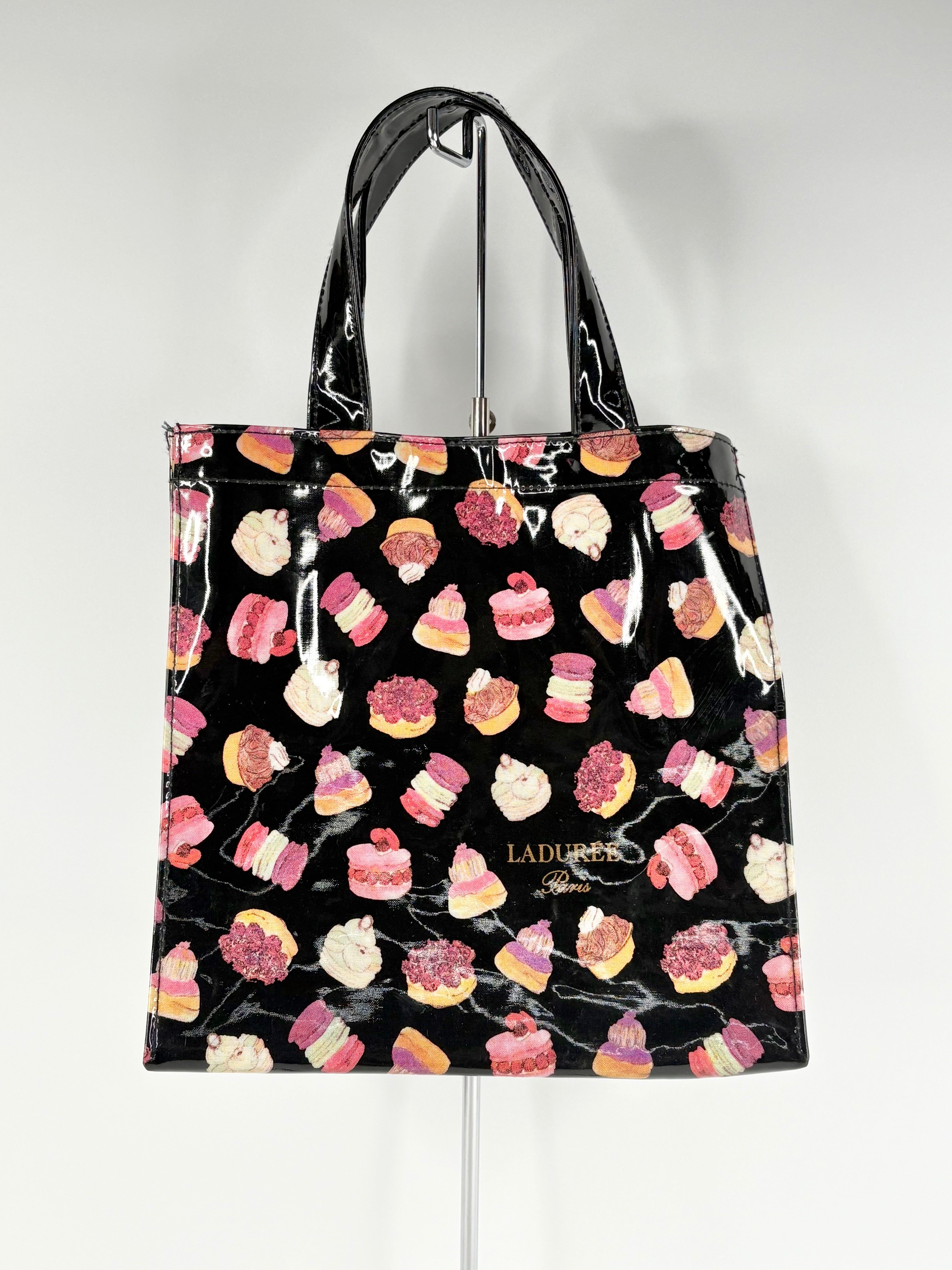 Tote bag with colorful dessert pattern on a black background