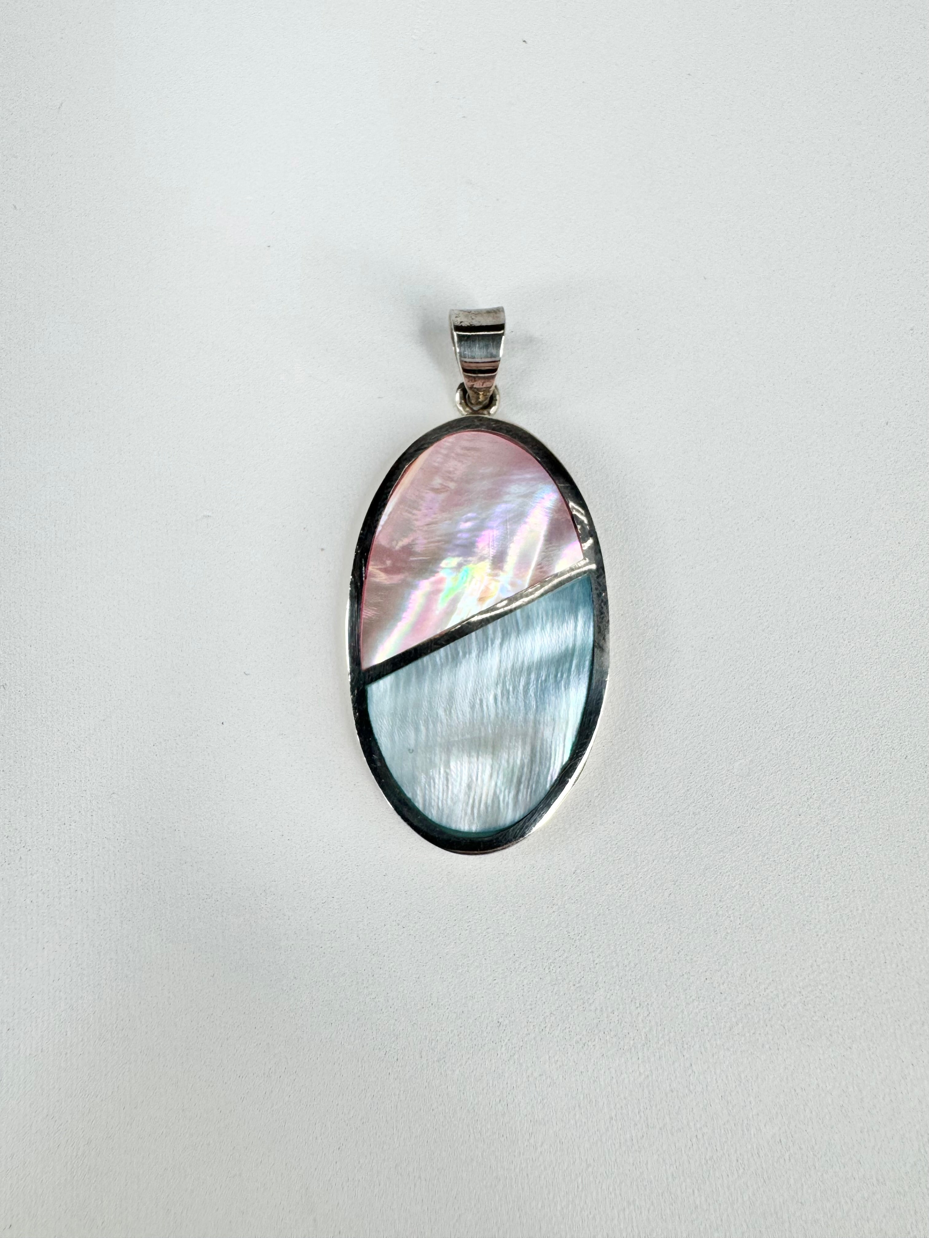 Large Oval Silver Powder Pink & Blue Shell Pendant
