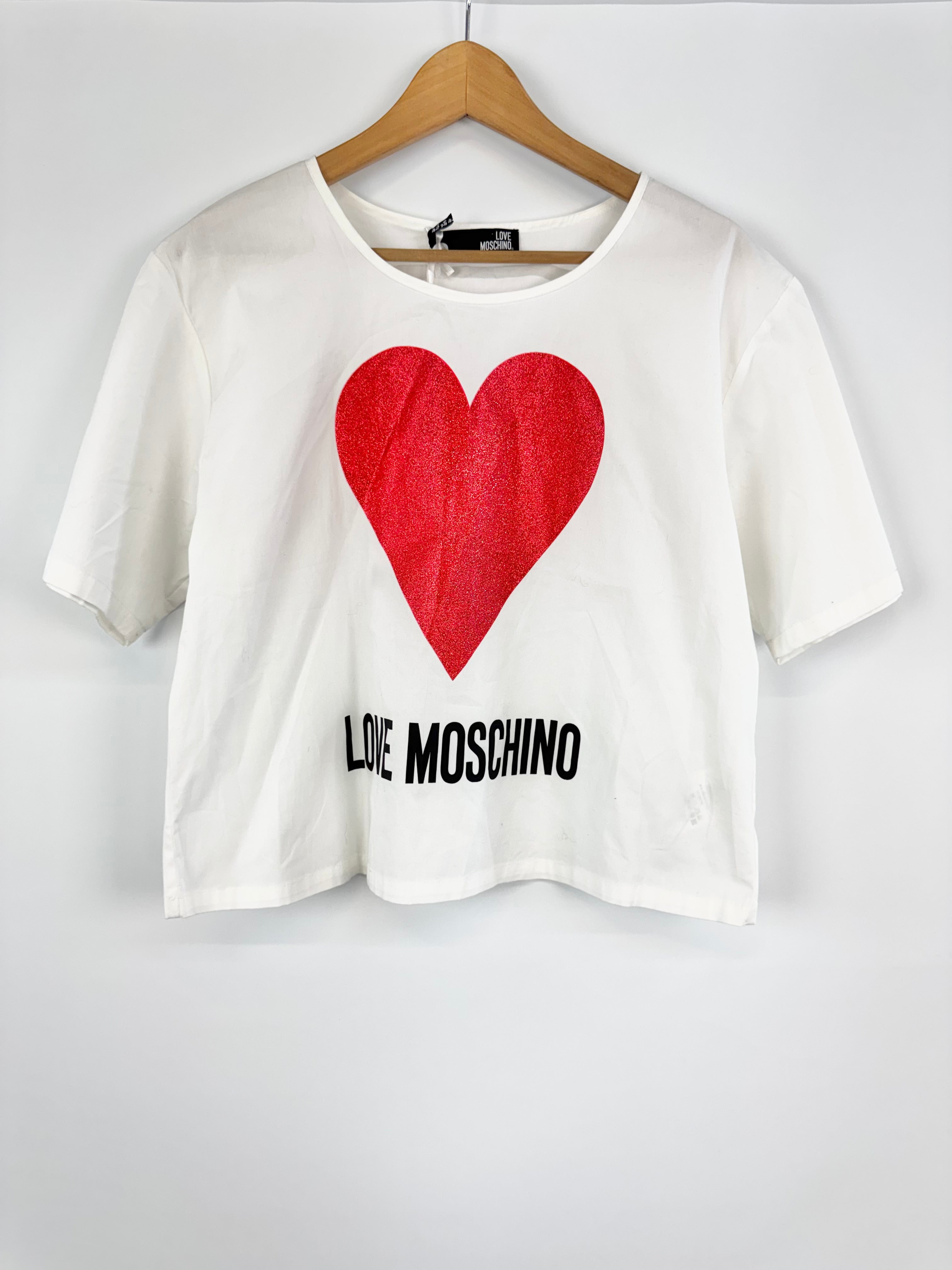 Love Moschino White Cotton Poplin Glitter Heart T-Shirt NWT - AU14
