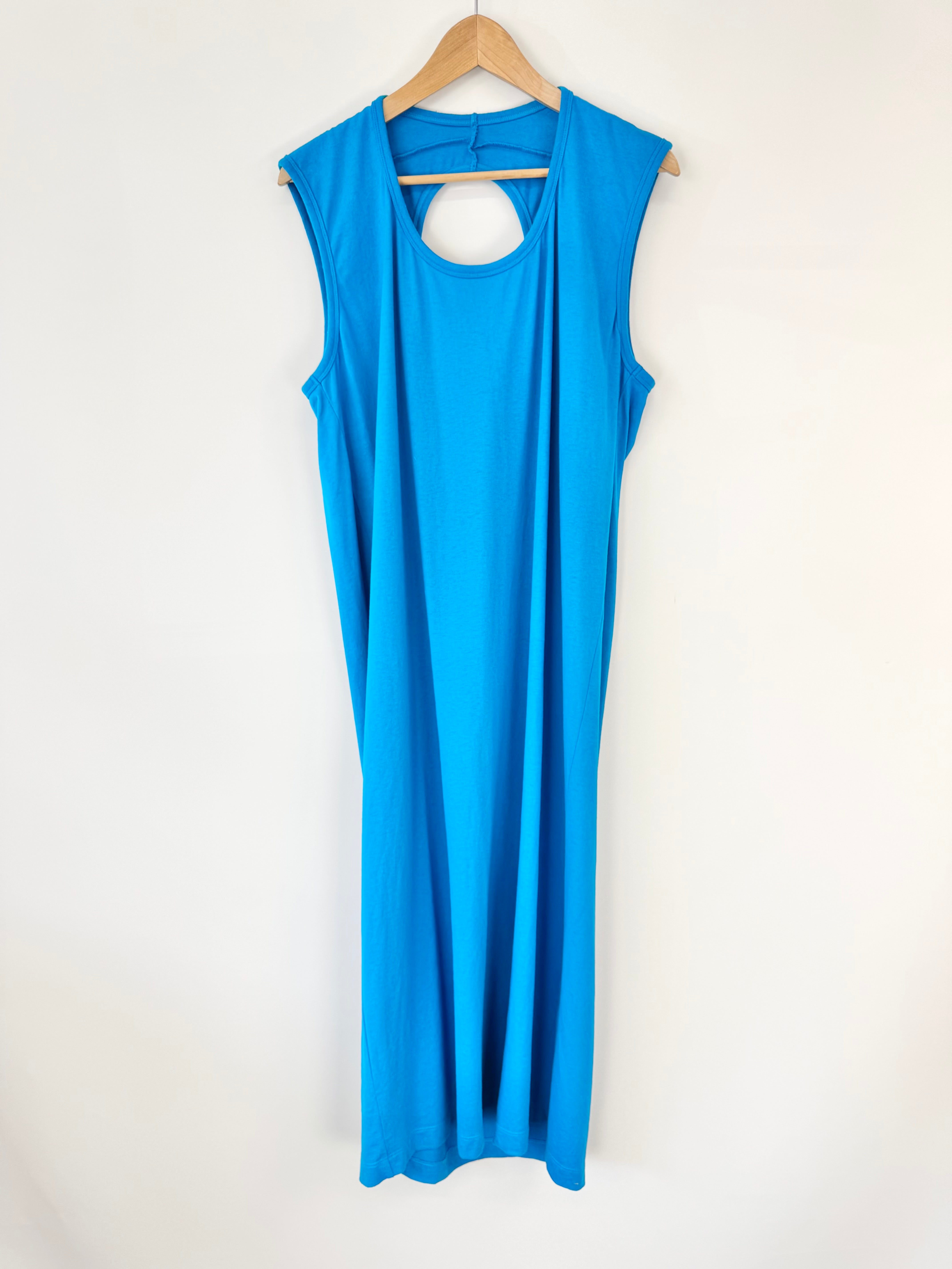 Blue sleeveless dress on a hanger against a white background