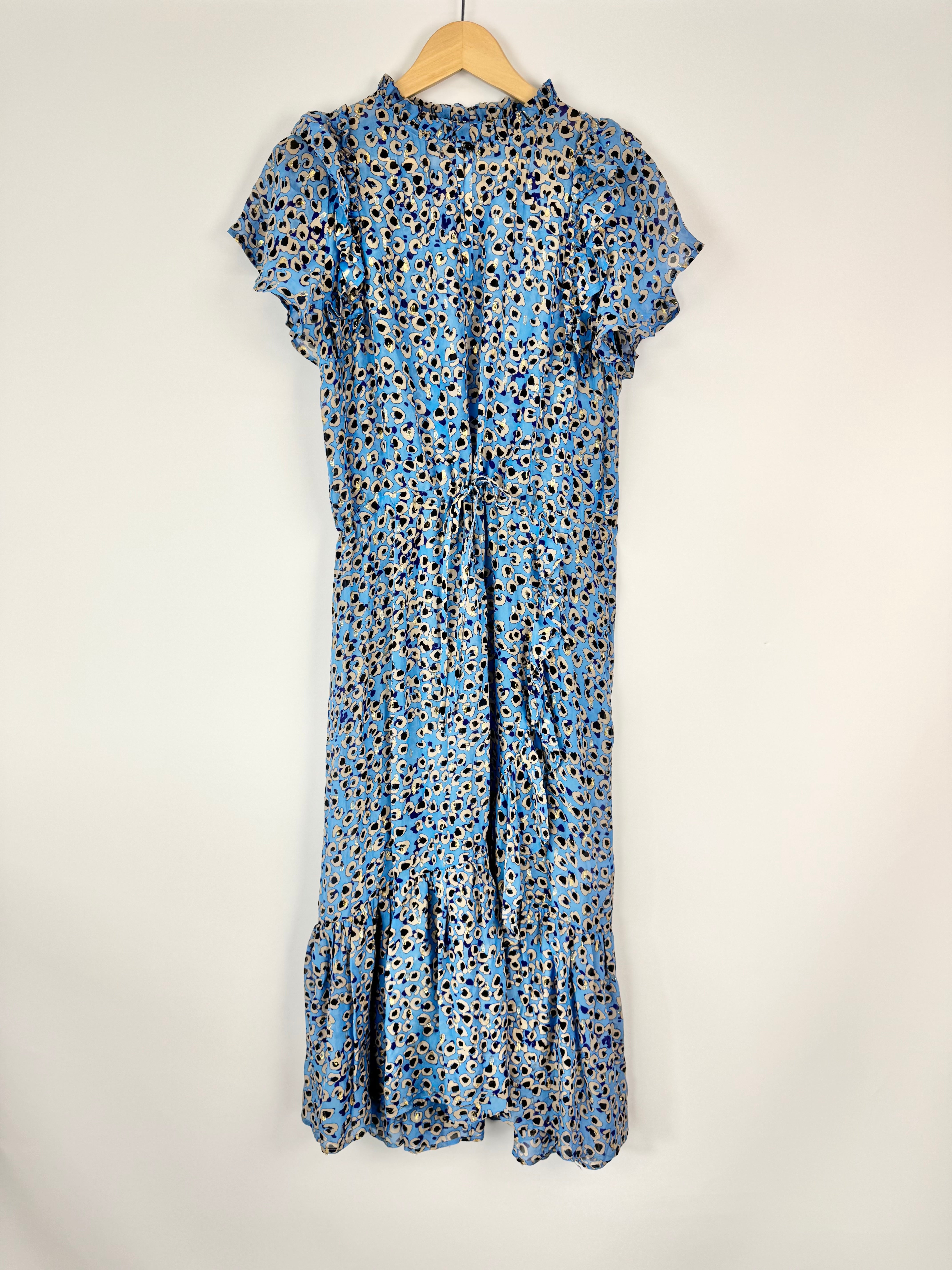 Blue floral dress on a hanger against a white background