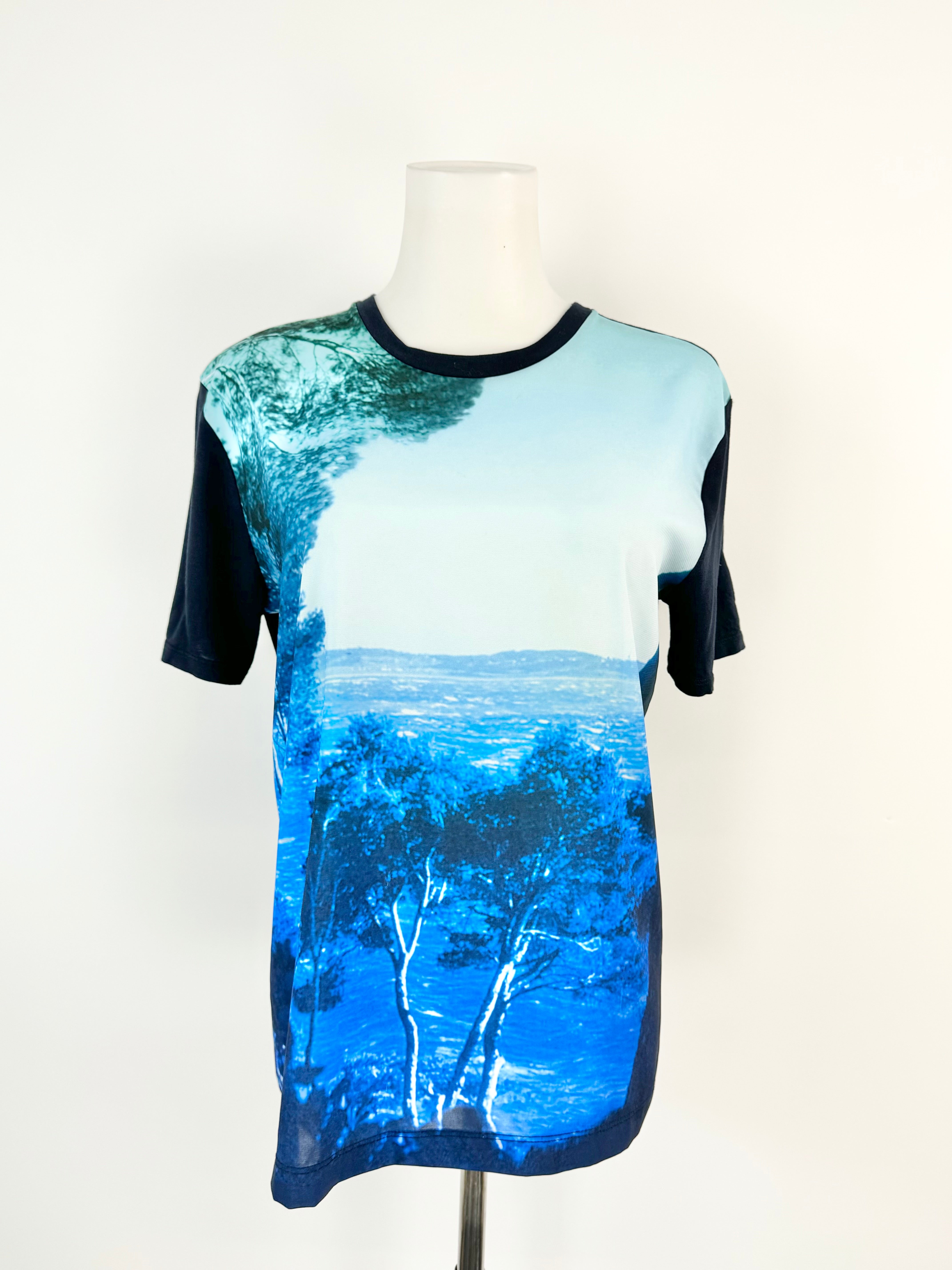 A blue graphic print t-shirt featuring a mountain and tree scene, displayed on a mannequin.