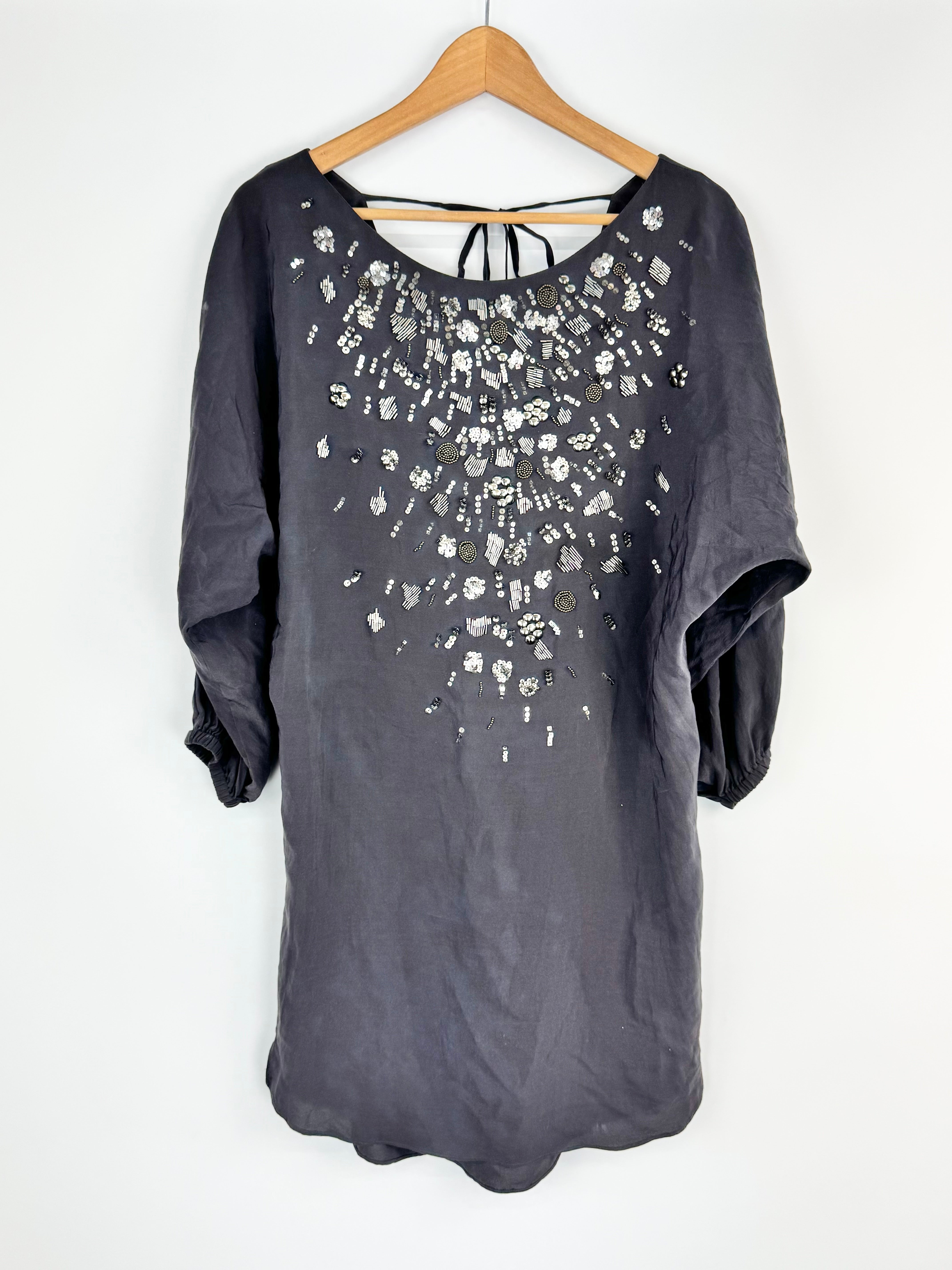 Rebecca Taylor Slate Grey Silk Sequin Embellished Tunic - AU10