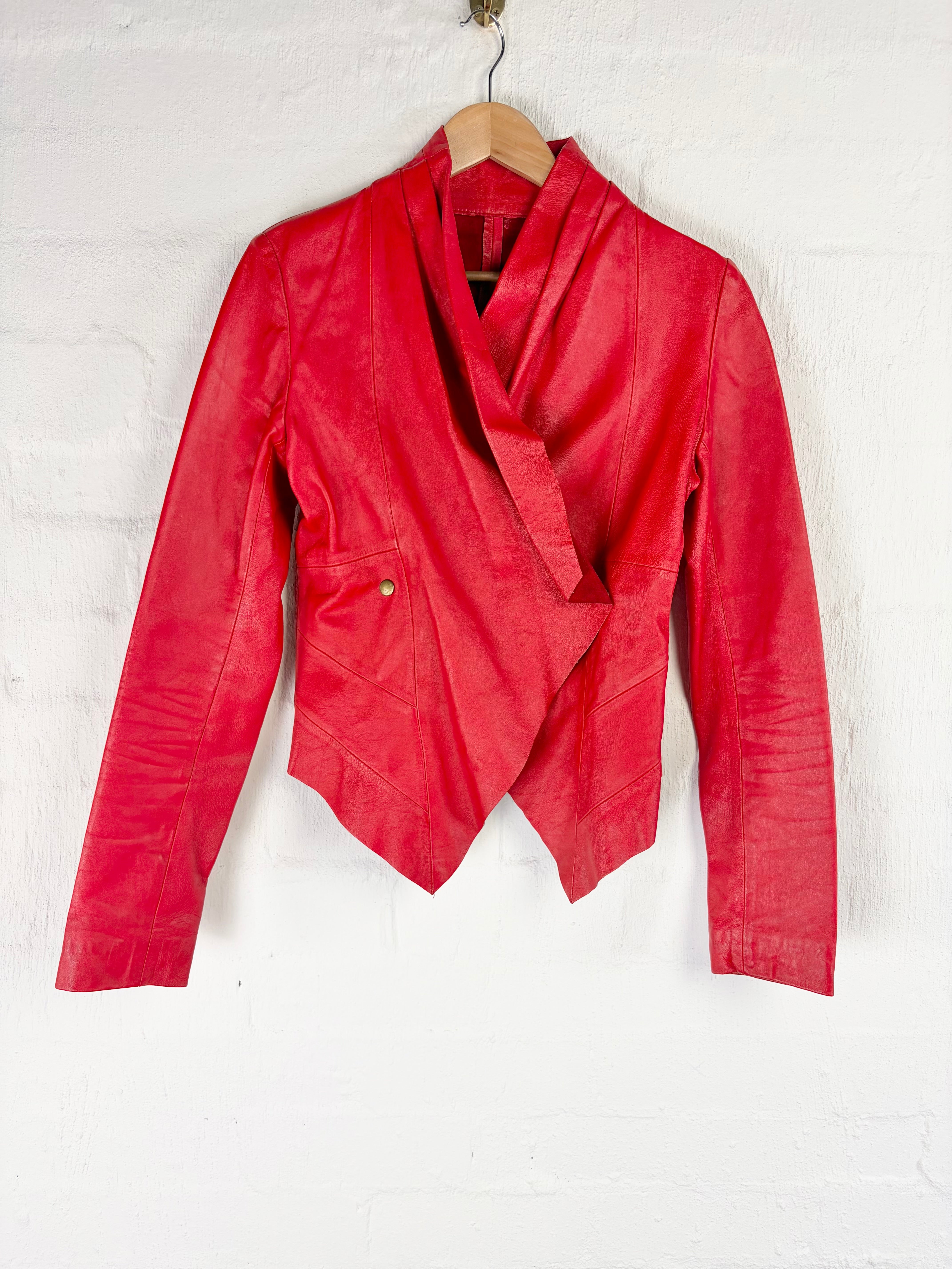 Rose Red Asymmetrical Leather Jacket - AU10