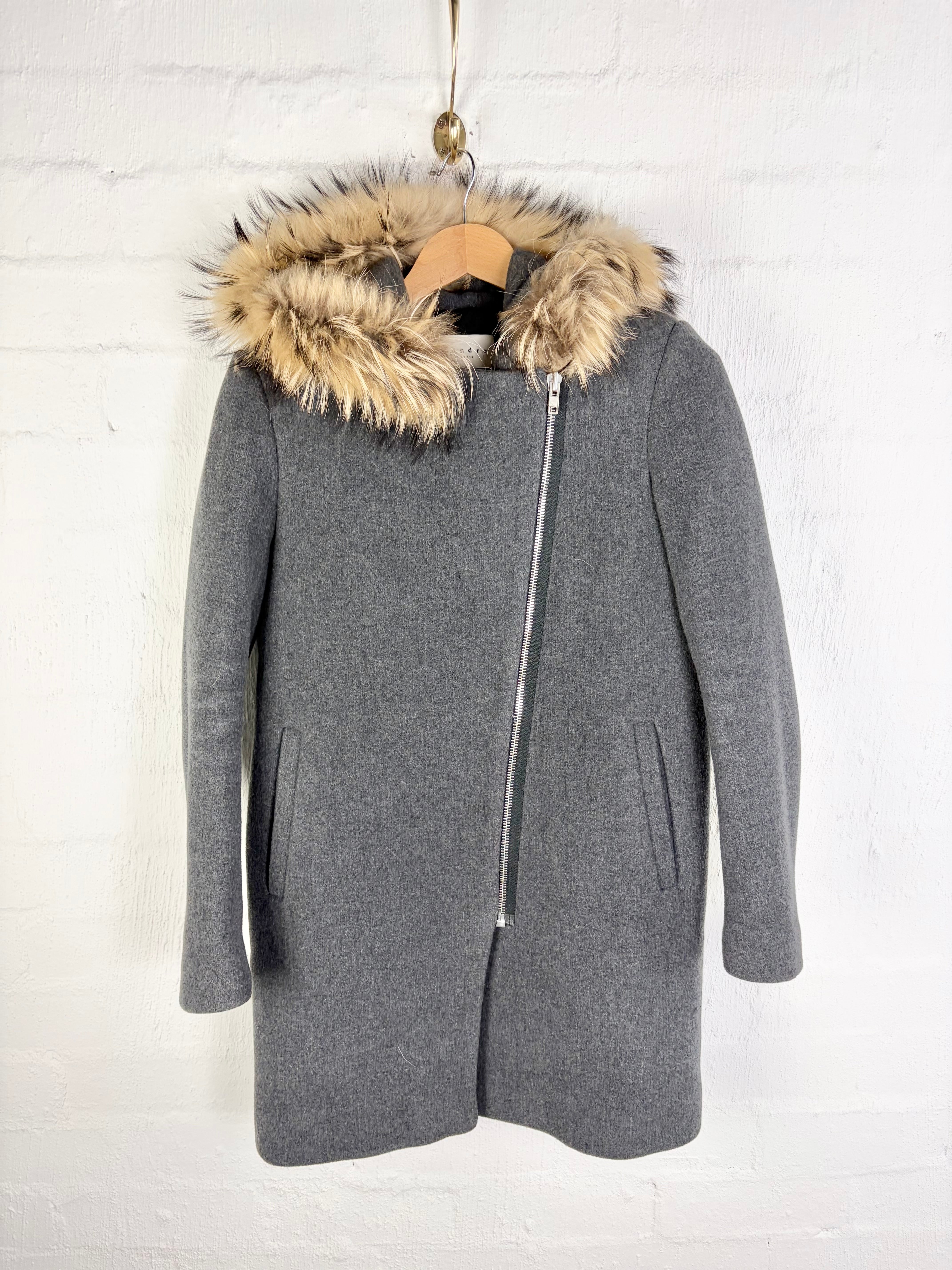 Sandro Paris Grey Asymmetrical Zip Wool Coat - AU10