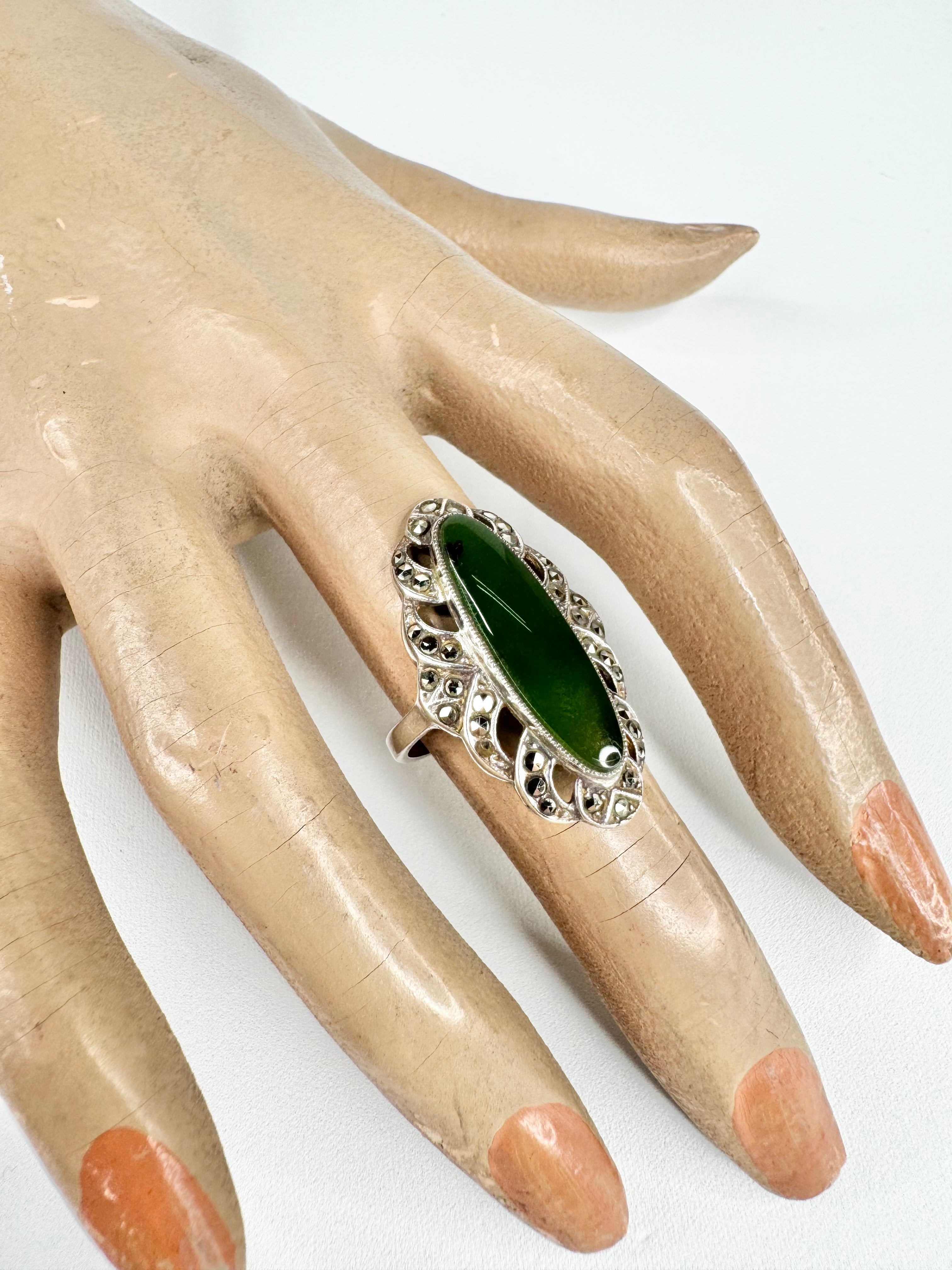 Silver Nephrite Jade & Marcasite Art Deco Ring