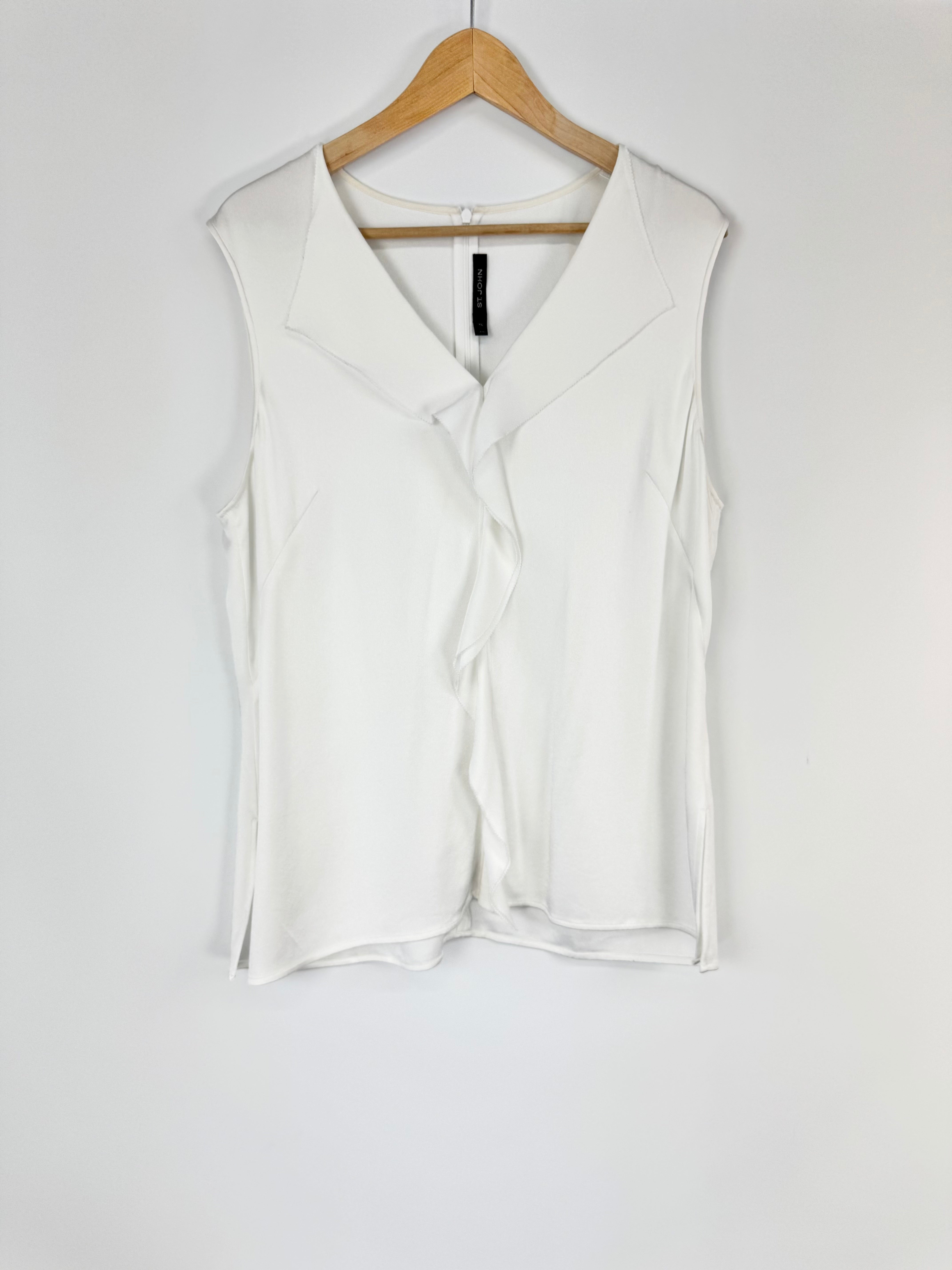 St. John White Ruffle Trim Sleeveless Top - AU16/18
