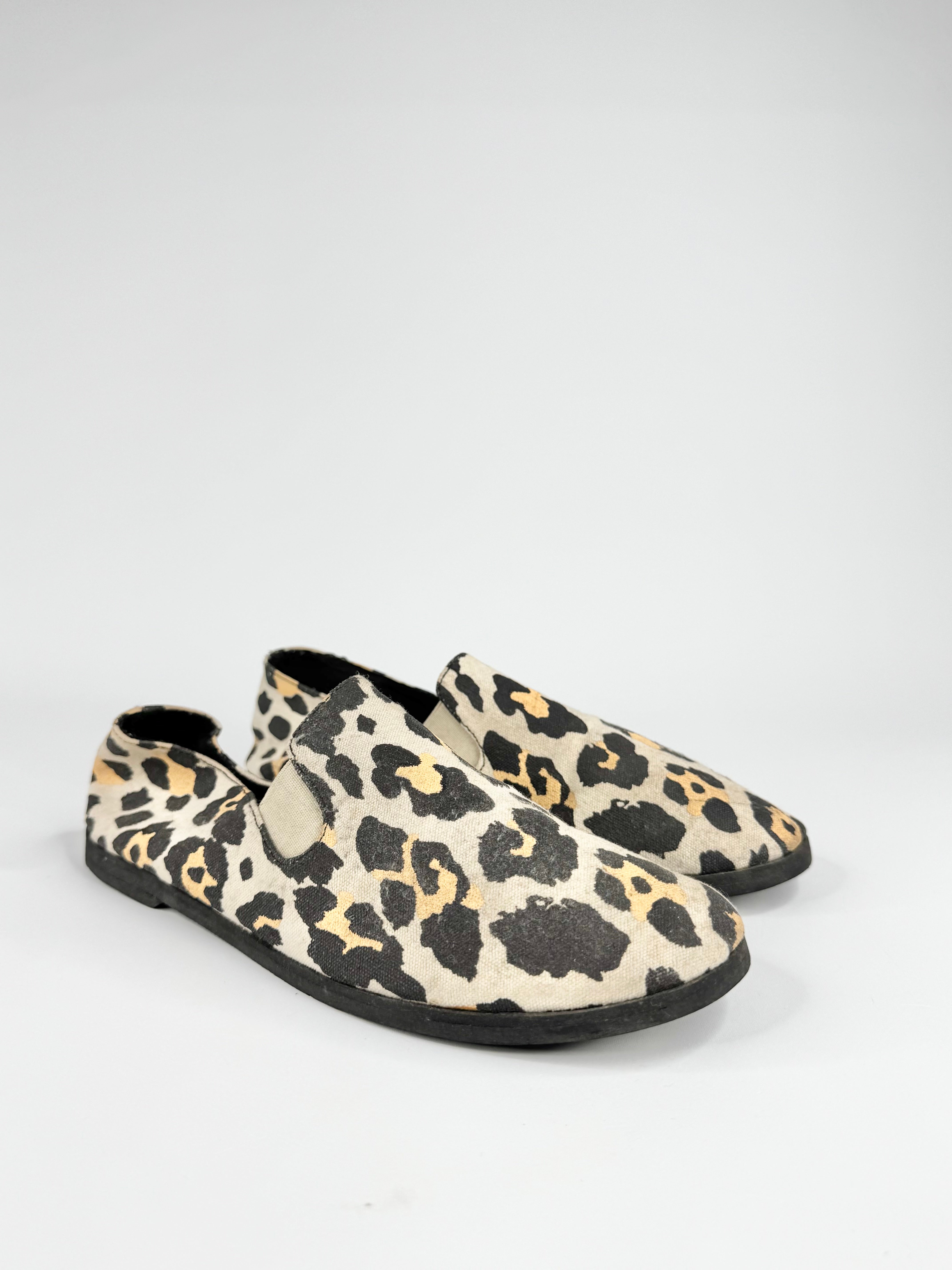 Pair of leopard print shoes on a white background