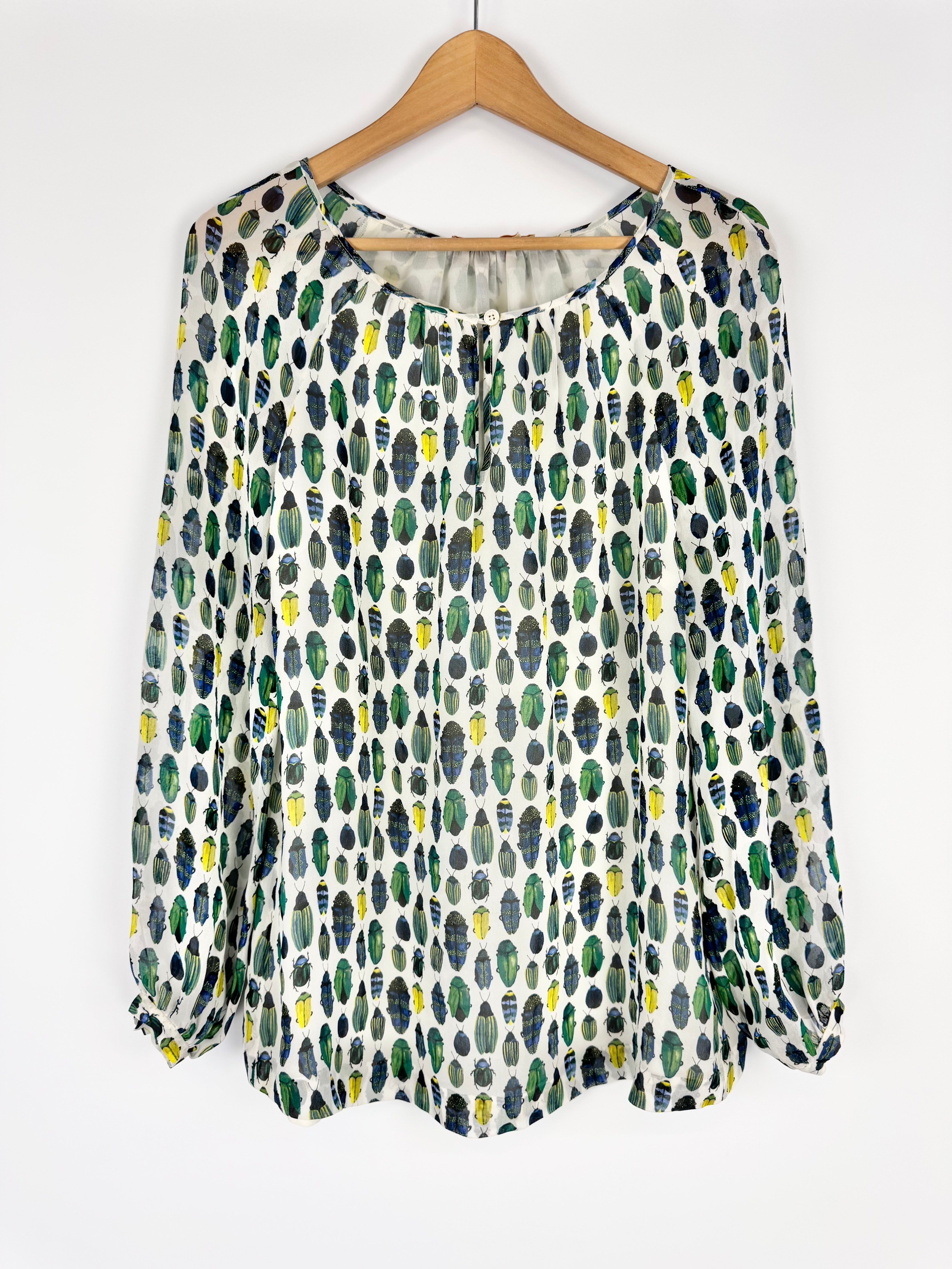 Tory Burch White Beetle Patterned Silk Puff Sleeve Blouse - AU10