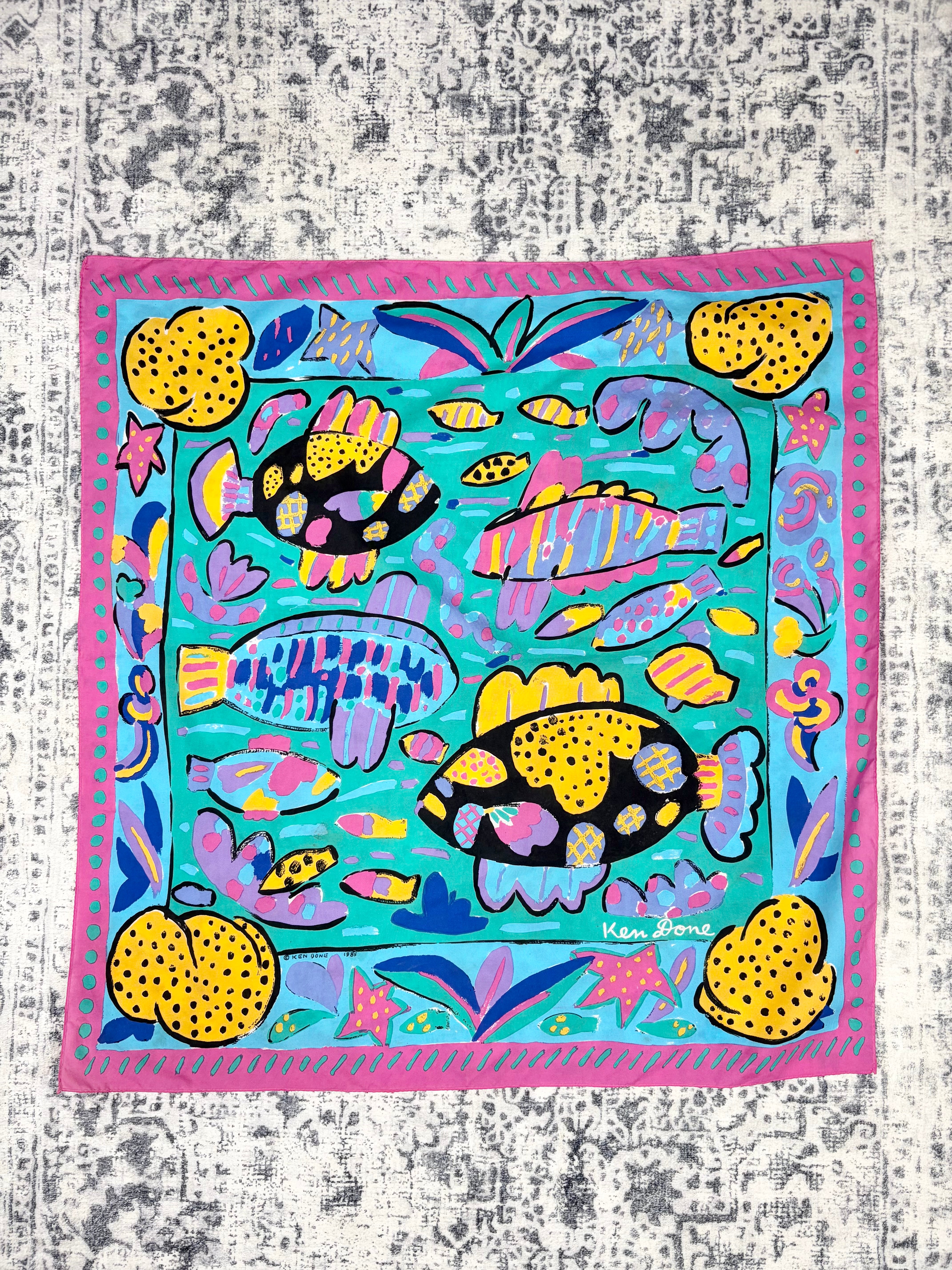 Vintage Ken Done Tropical Barrier Reef Fish Pattern Scarf