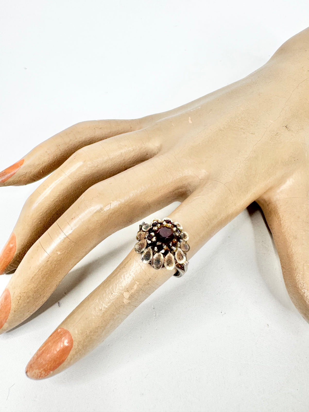 Vintage Raised Garnet Petal Patterned Ring