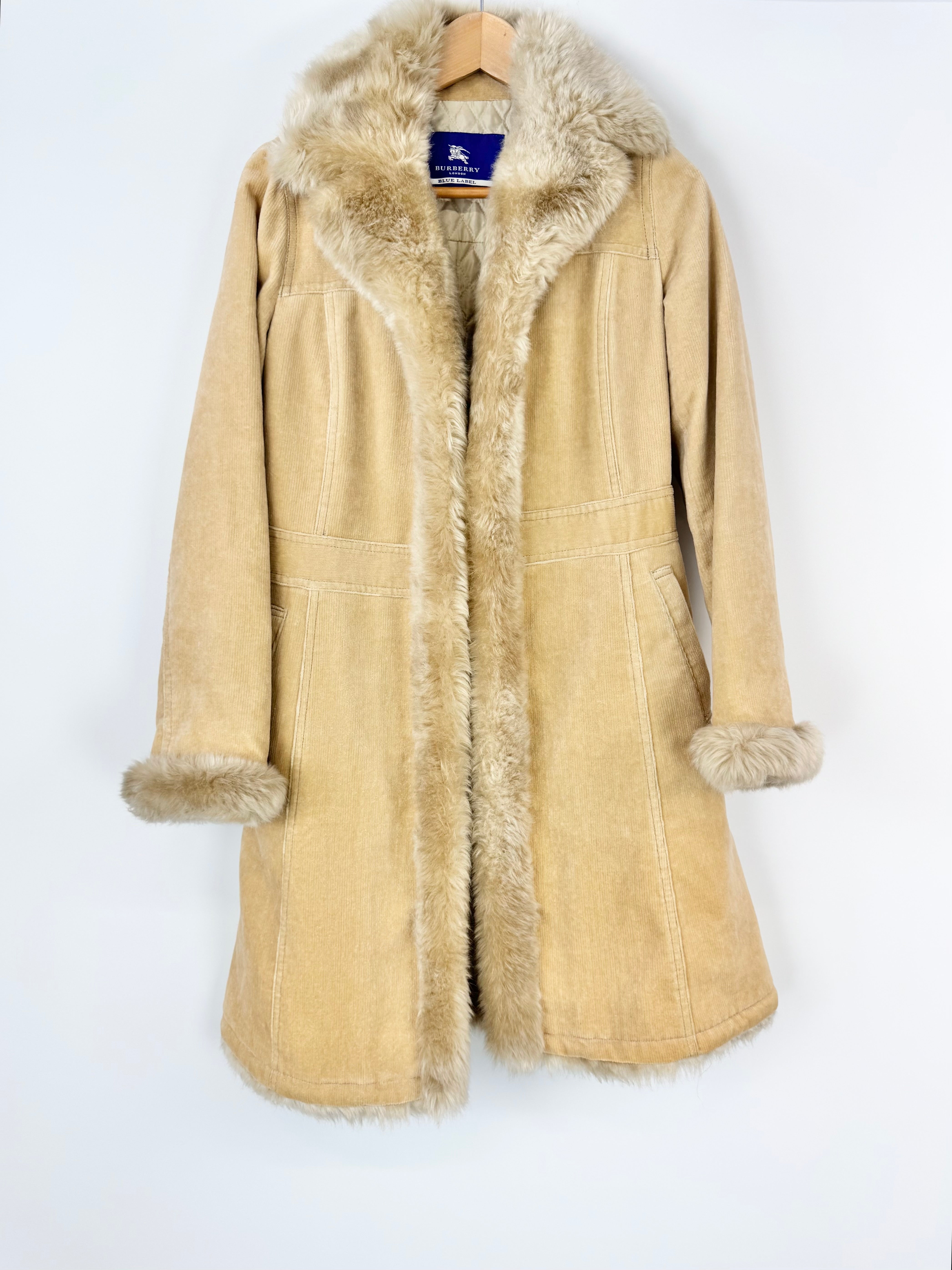 Beige coat with fur trim on a white background
