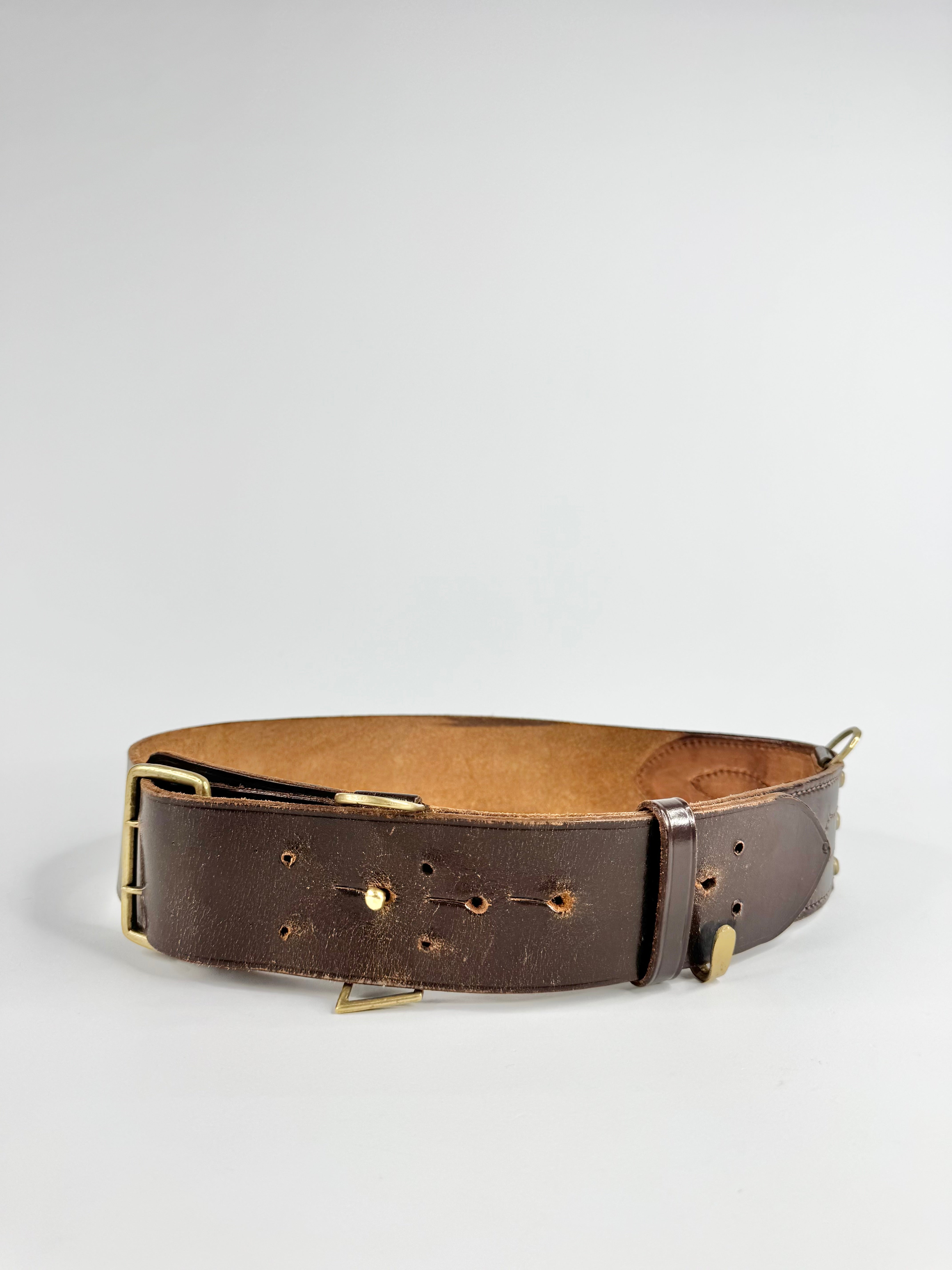 Brown leather belt with brass hardware on a light gray background
