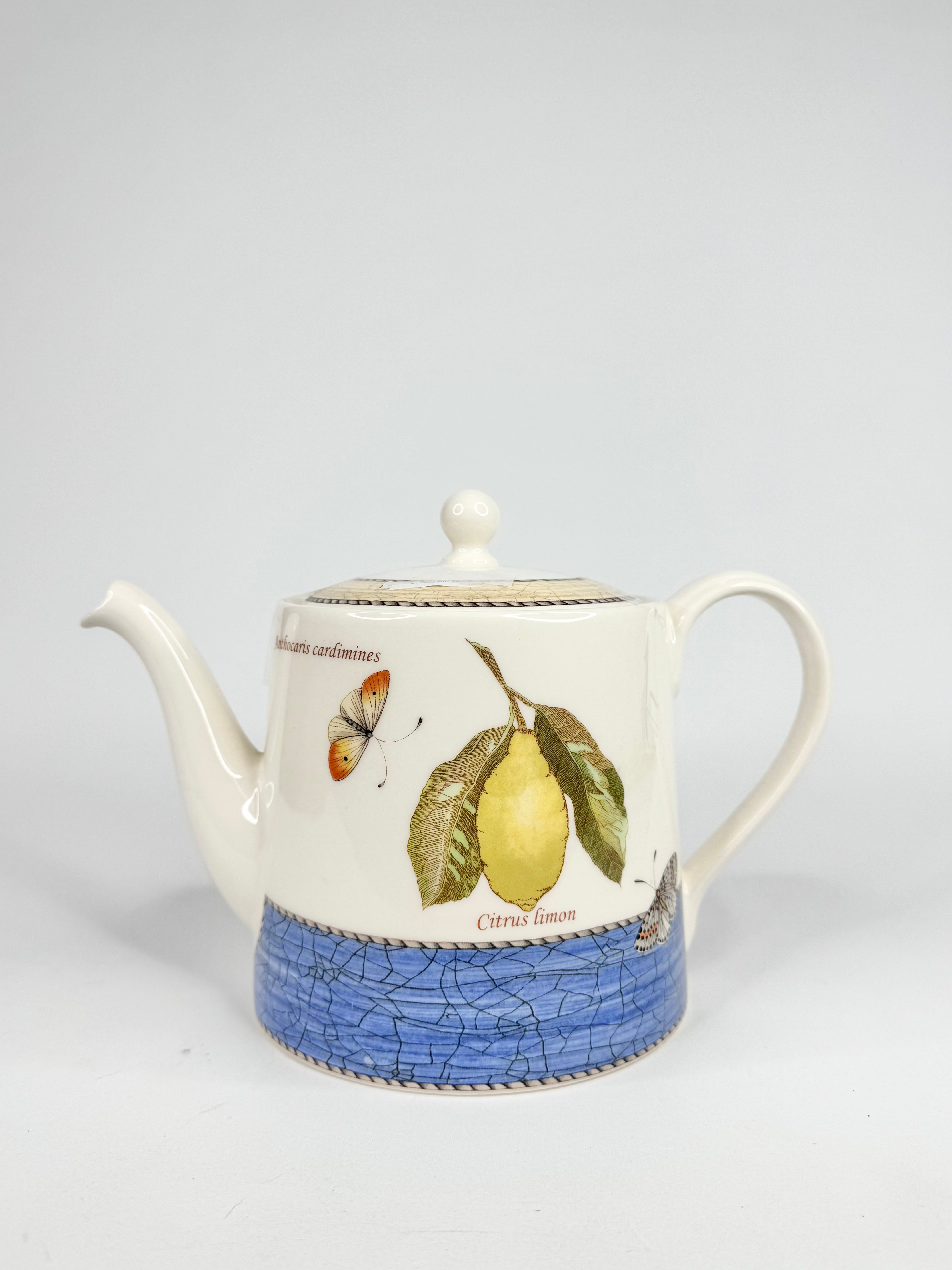 Teapot with lemon and butterfly design on a white background