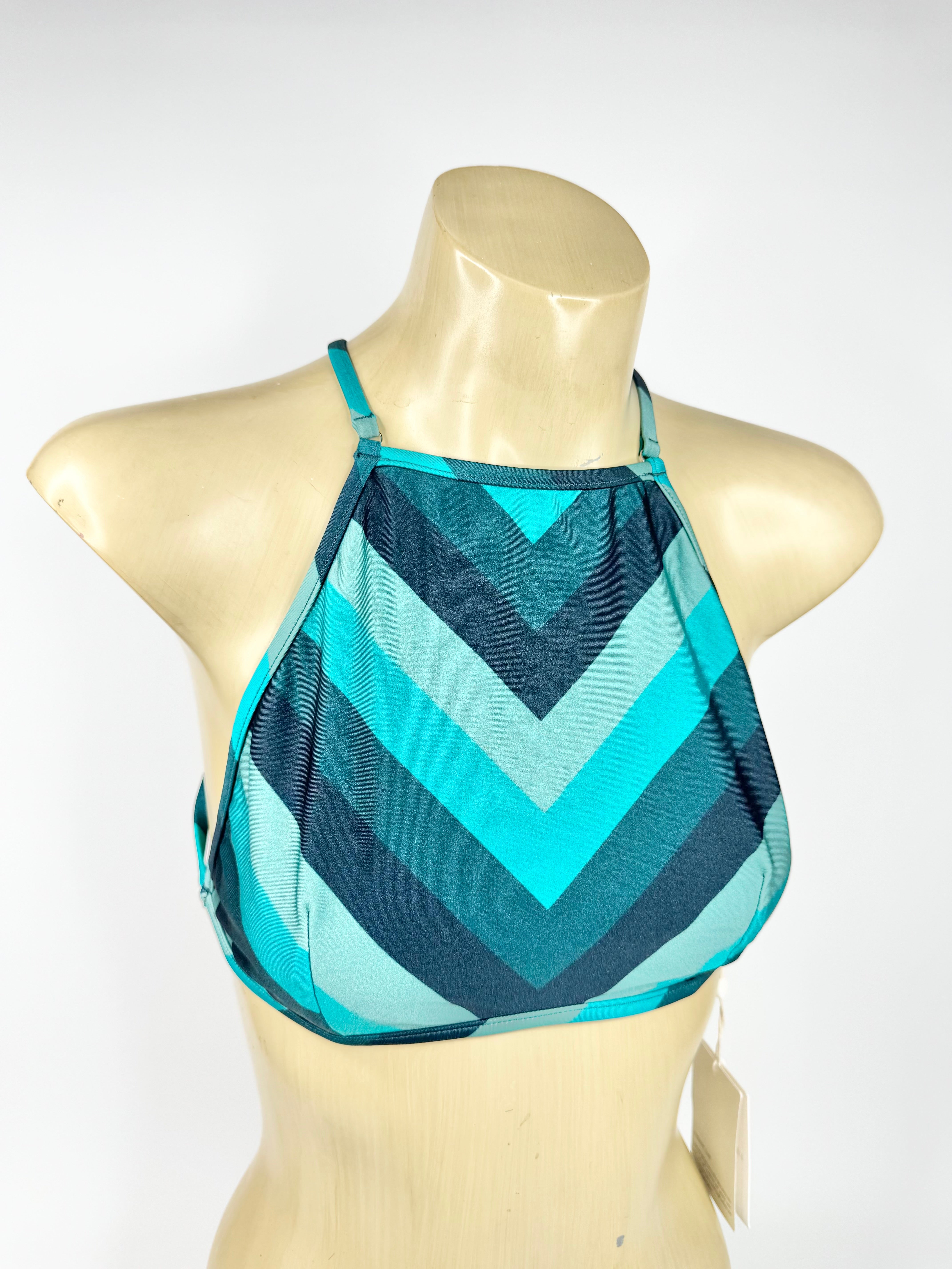 Teal and blue striped bikini top on a mannequin against a white background