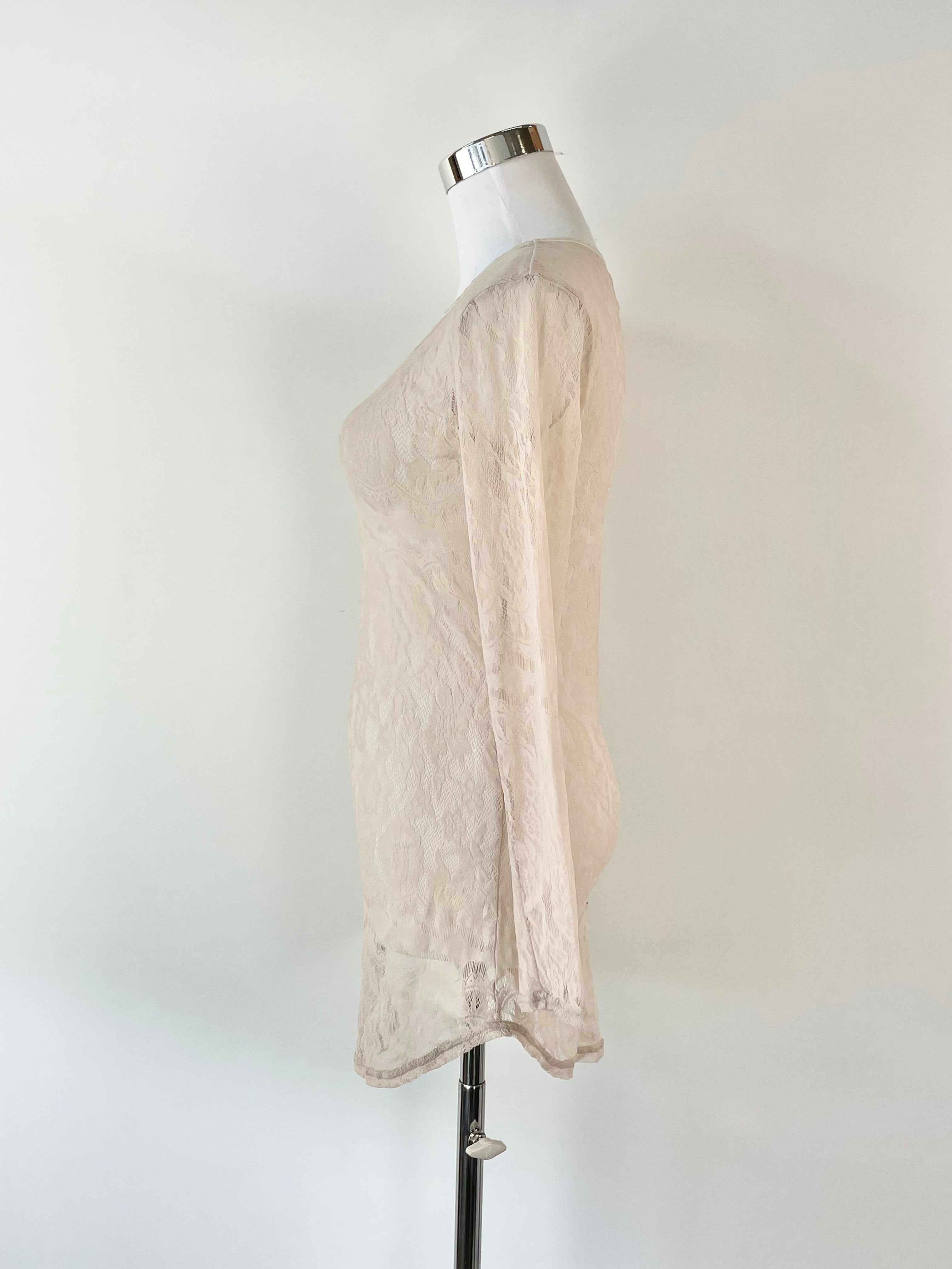 Flannel Taupe Embroidered Lace Long Sleeve Top - AU8