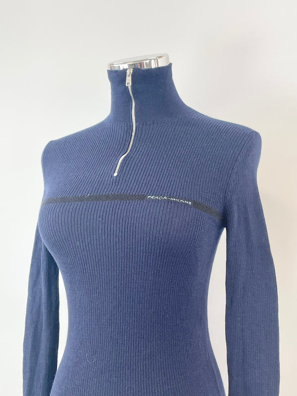 Prada Navy Blue Wool-Knit 1/4 Zip Sweater - AU4/6