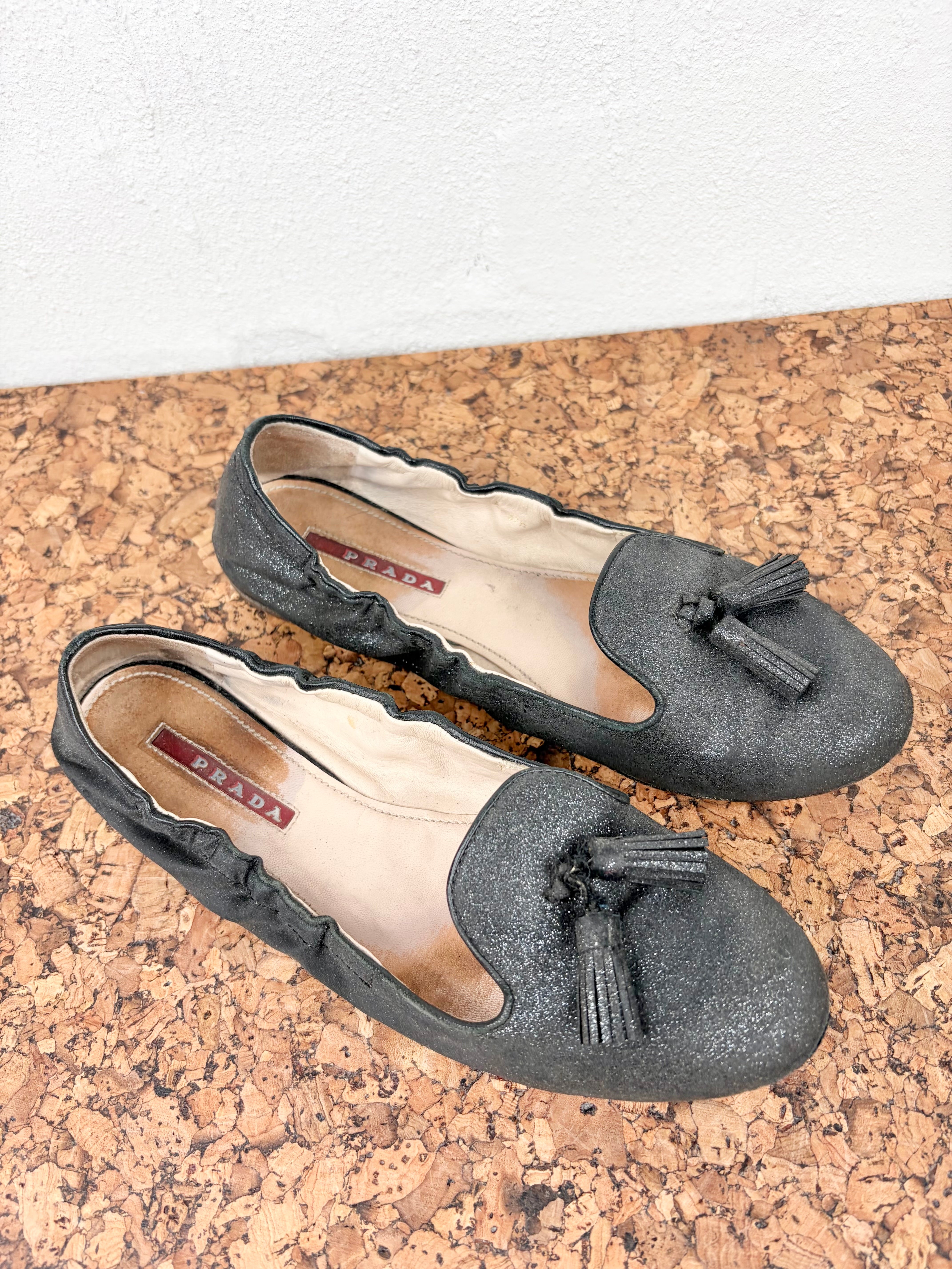 Prada Linea Rossa Black Glitter Ballet Flat - EU37.5